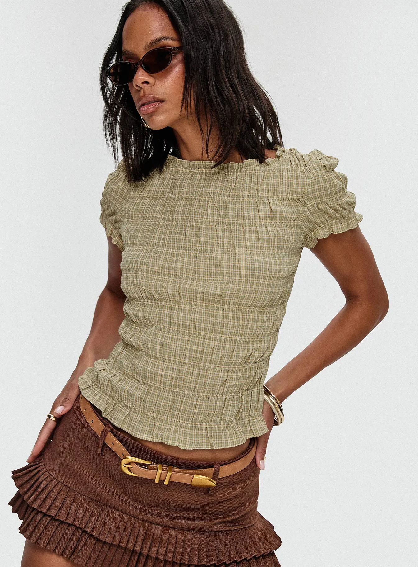 Romelle Shirred Top Green / Brown Plaid sold by Princess Polly