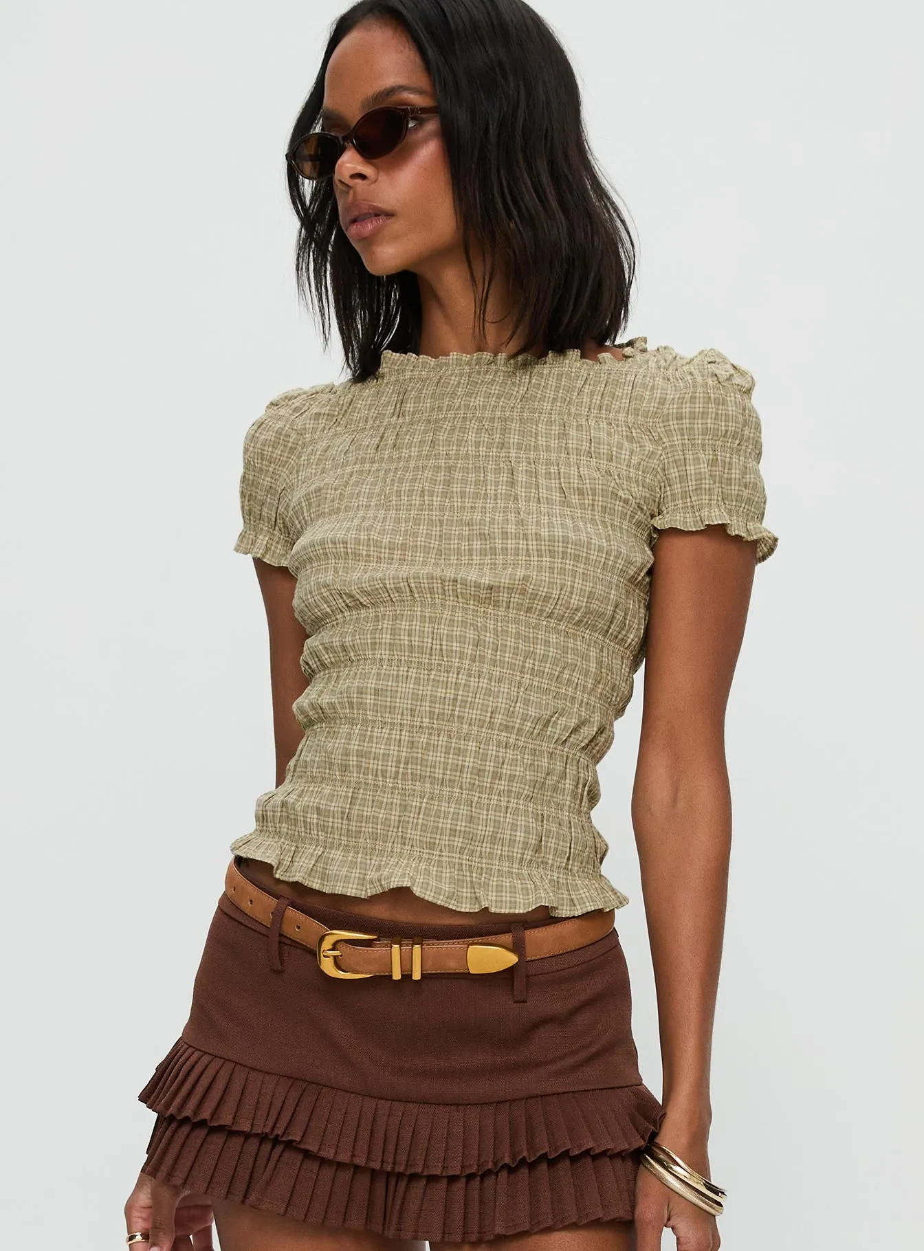 Romelle Shirred Top Green / Brown Plaid sold by Princess Polly product image thumbnail 2