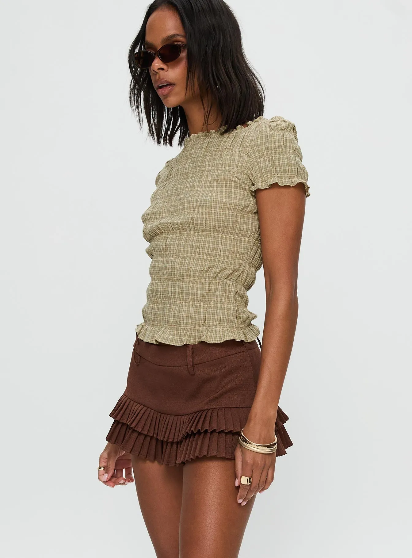 Deei Double Ruffle Mini Skort Chocolate sold by Princess Polly product image thumbnail 4
