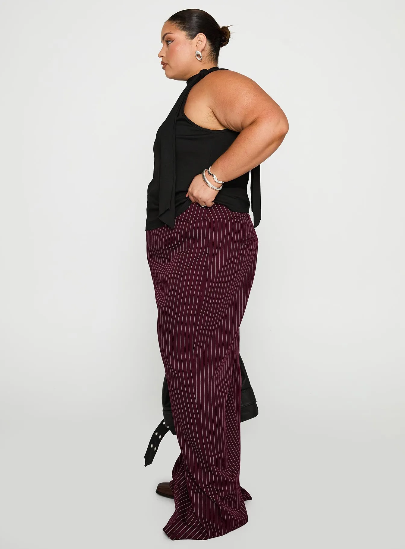 Lorenne Mid Rise Pant Burgundy Pinstripe Curve sold by Princess Polly product image thumbnail 3
