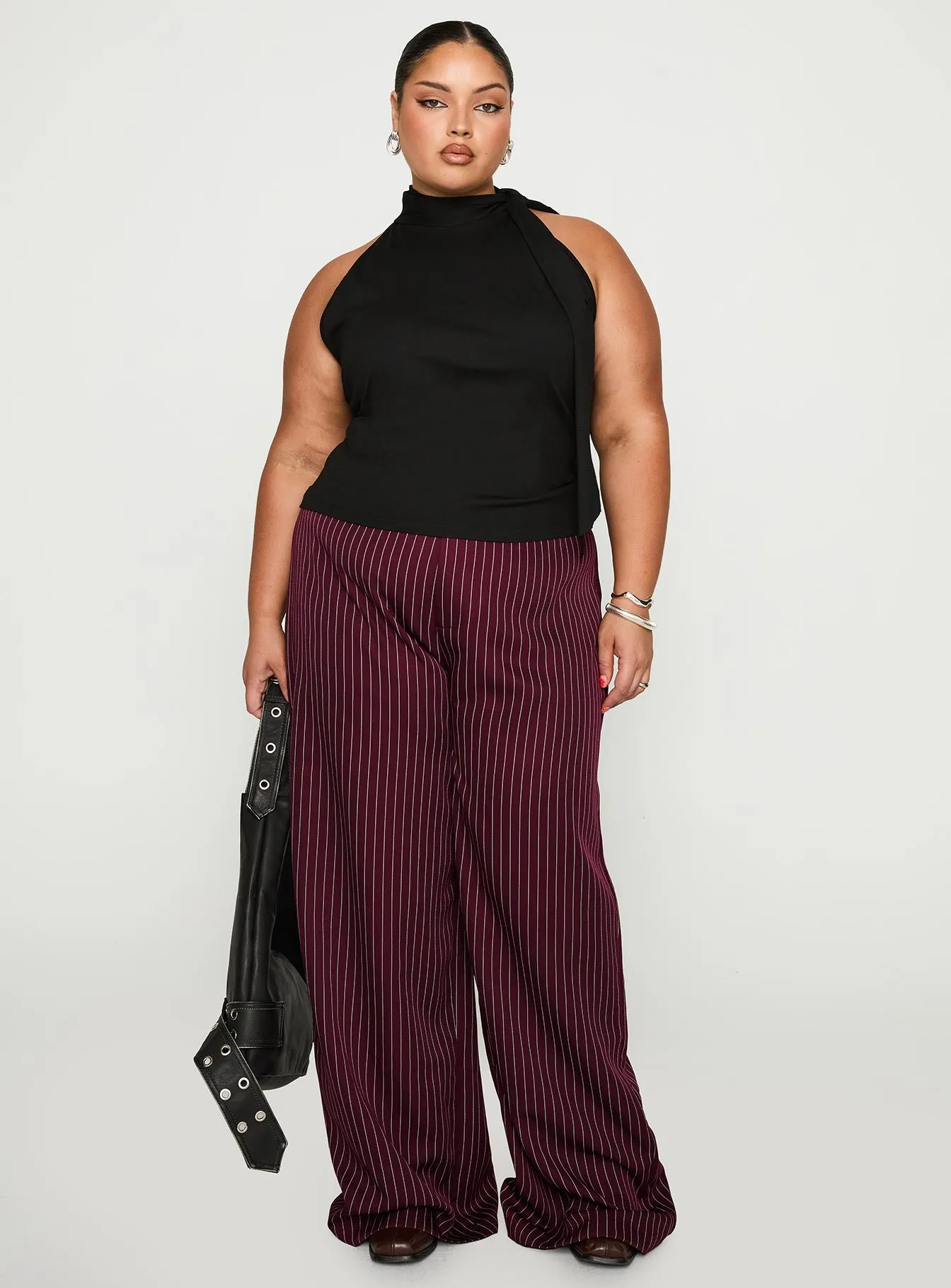 Lorenne Mid Rise Pant Burgundy Pinstripe Curve sold by Princess Polly product image thumbnail 2