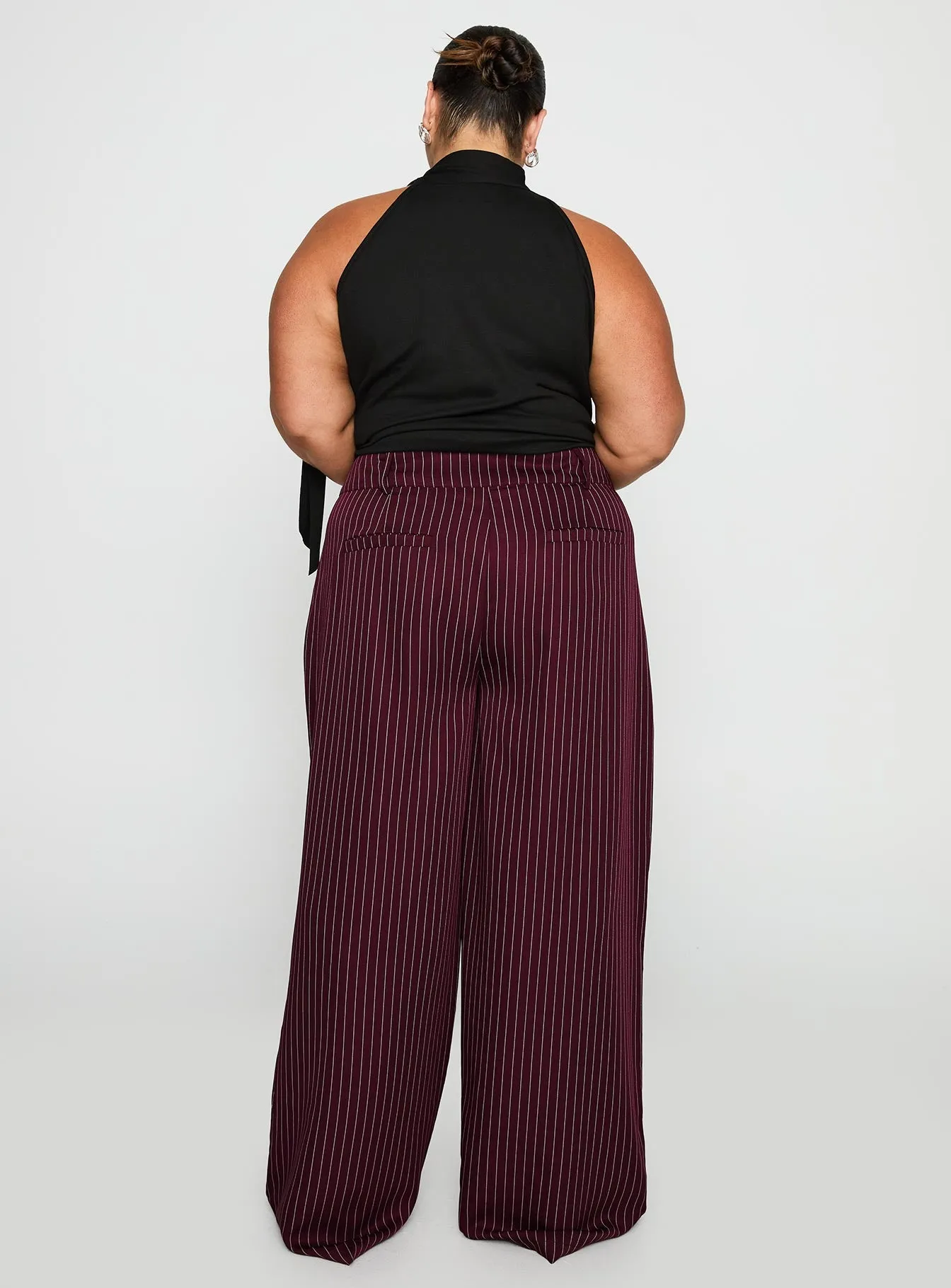 Lorenne Mid Rise Pant Burgundy Pinstripe Curve sold by Princess Polly product image thumbnail 4
