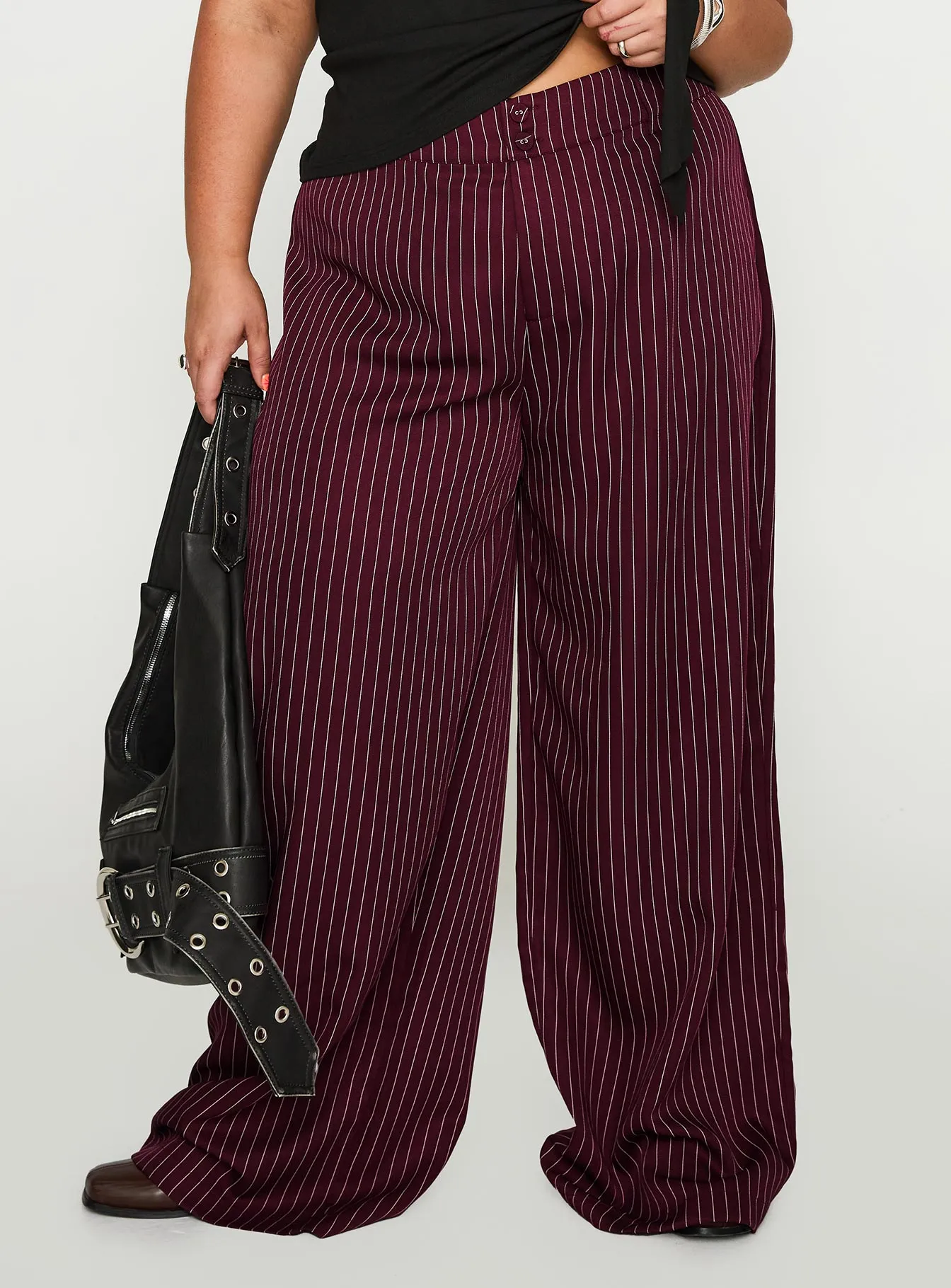 Lorenne Mid Rise Pant Burgundy Pinstripe Curve sold by Princess Polly