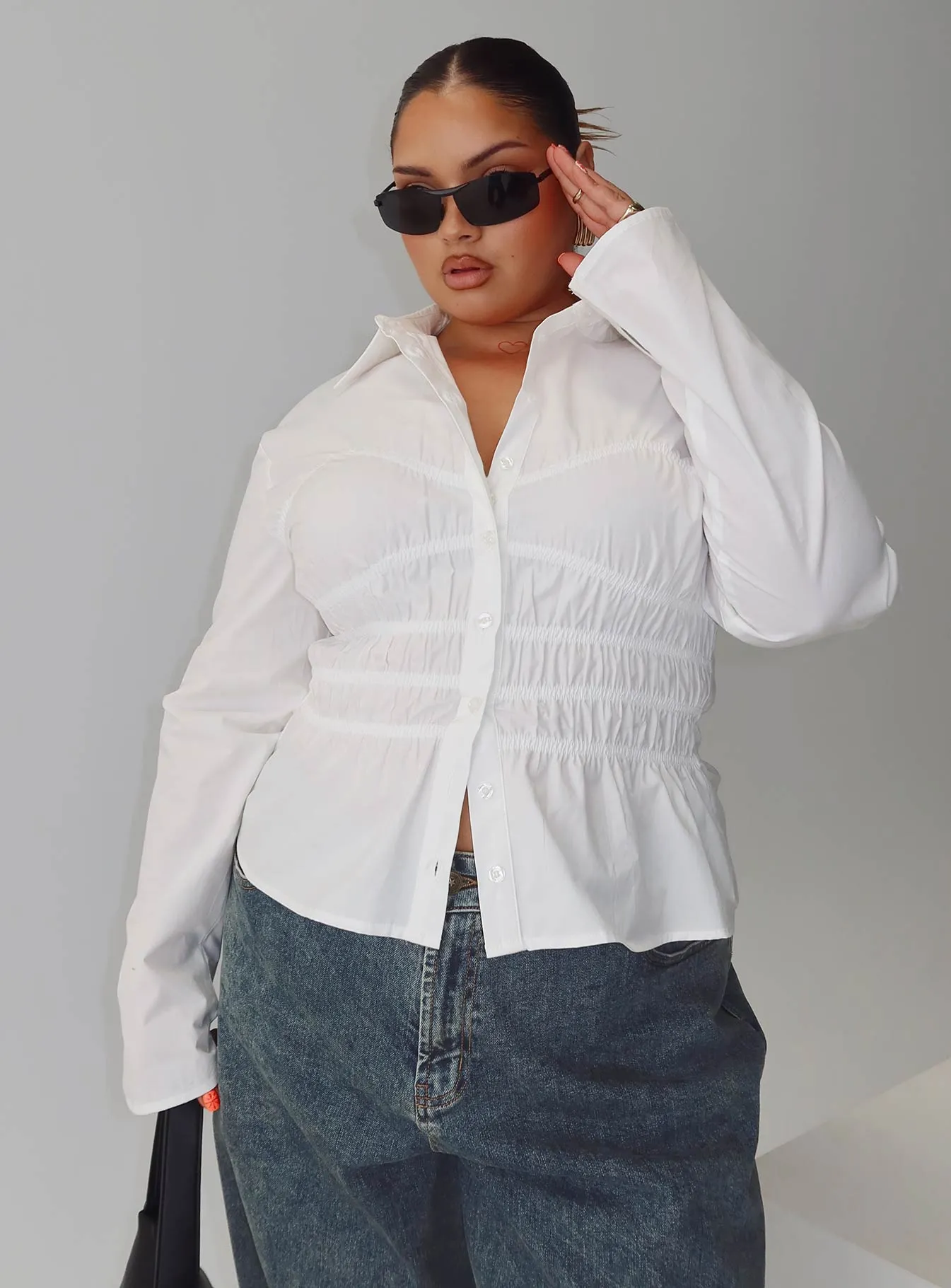 Liesel Shirred Long Sleeve Top White Curve sold by Princess Polly