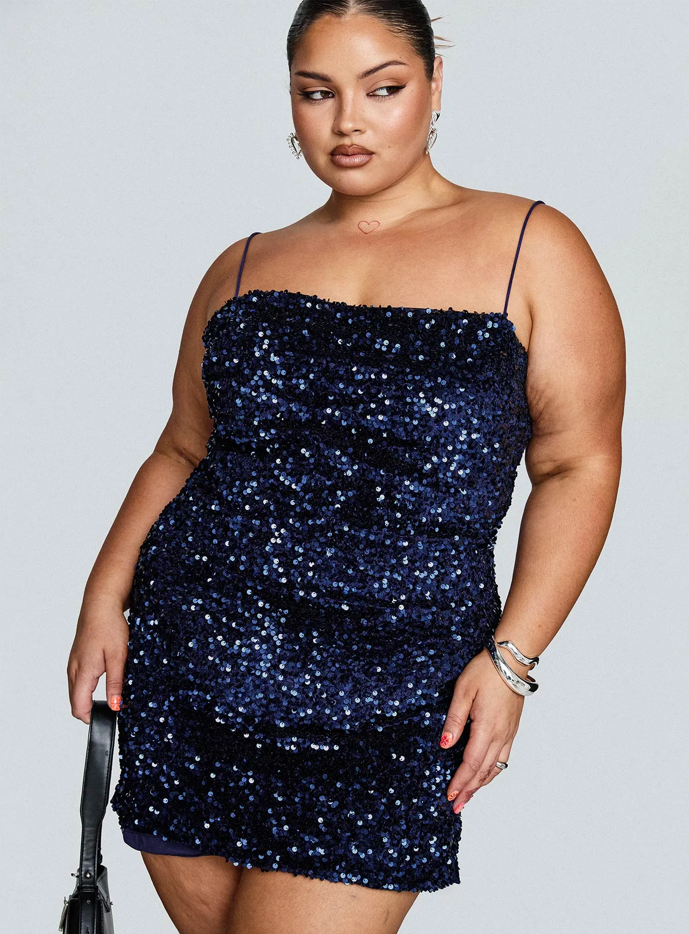 Layney Sequin Mini Dress Navy Curve sold by Princess Polly