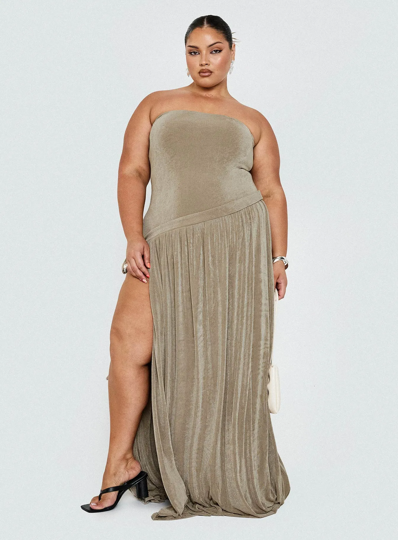 Inka Strapless Maxi Dress Taupe Curve sold by Princess Polly