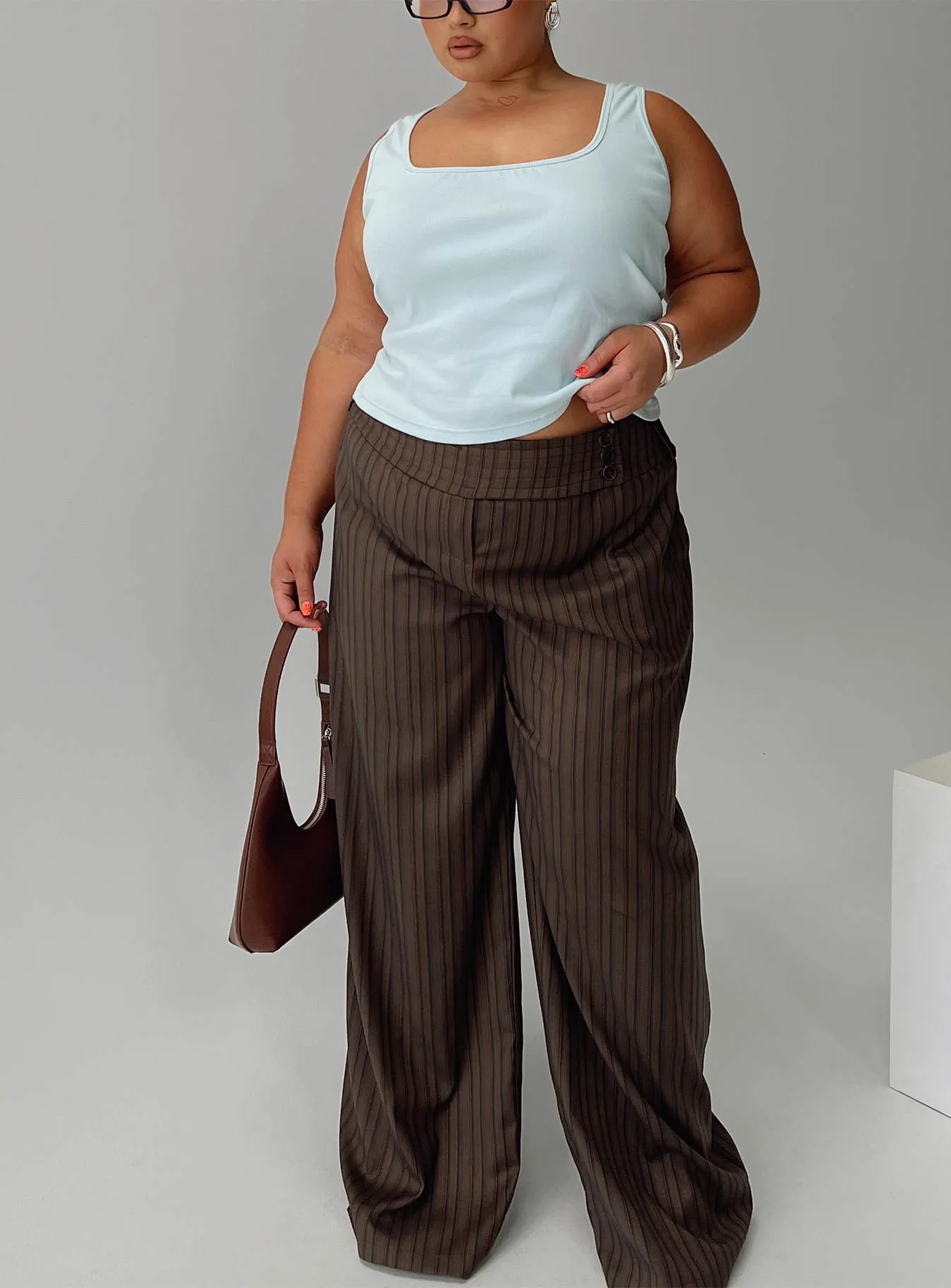 Cedars Low Rise Pant Brown Stripe Curve sold by Princess Polly