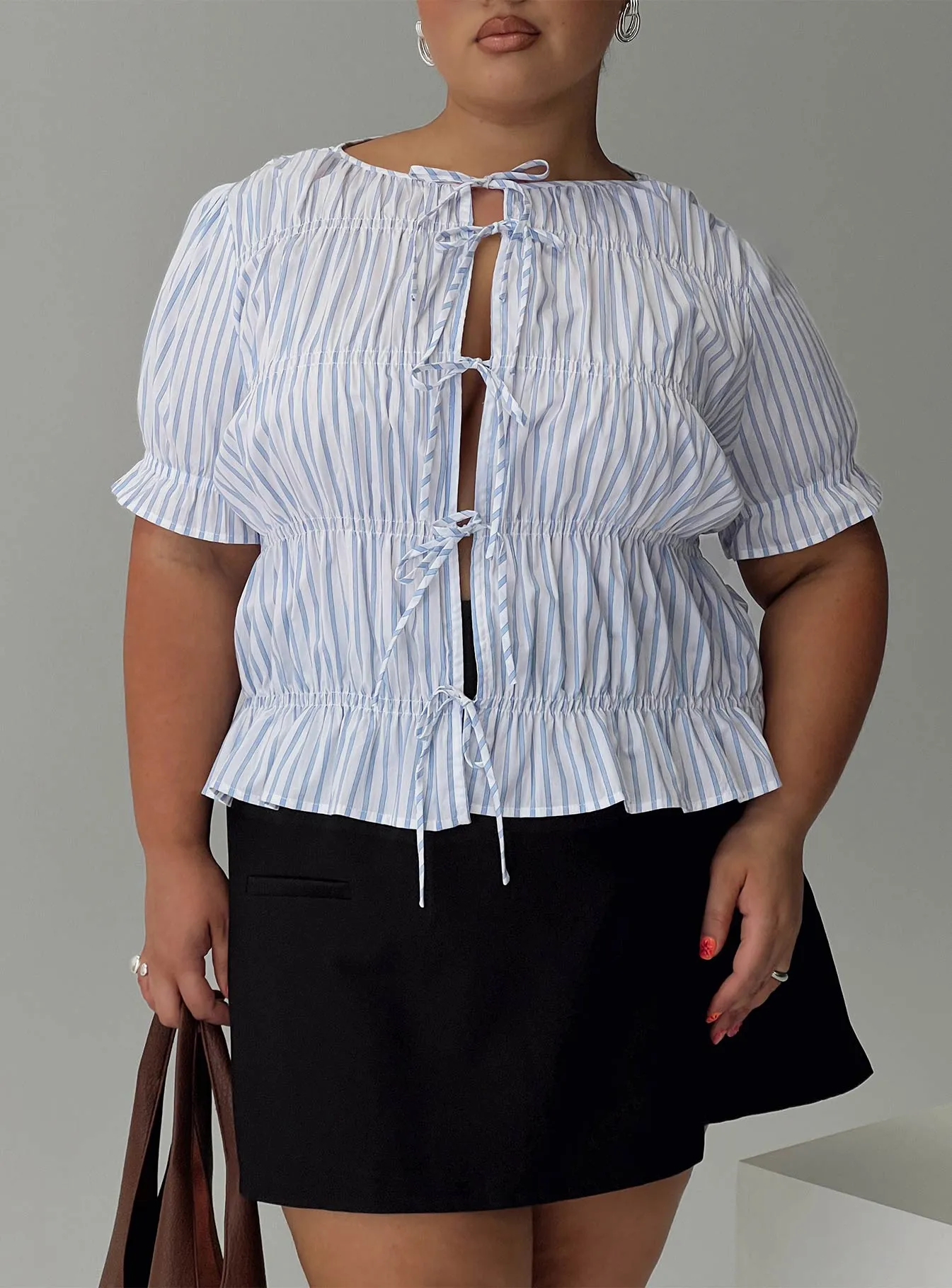 Alistair Bow Tie Top Blue / White Stripe Curve sold by Princess Polly