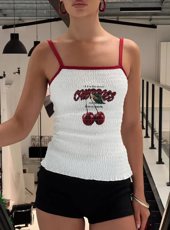 Cherrie Ties Shirred Graphic Top White sold by Princess Polly