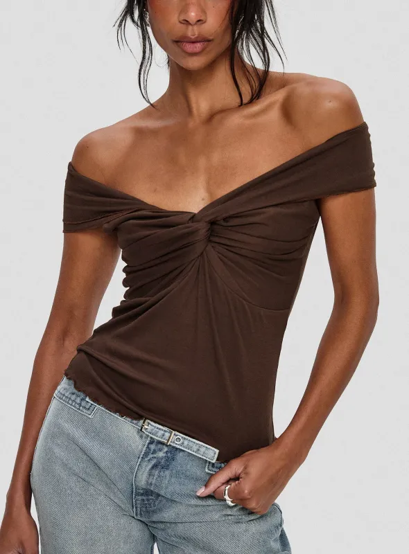 Suspiria Twist Off Shoulder Top Chocolate sold by Princess Polly