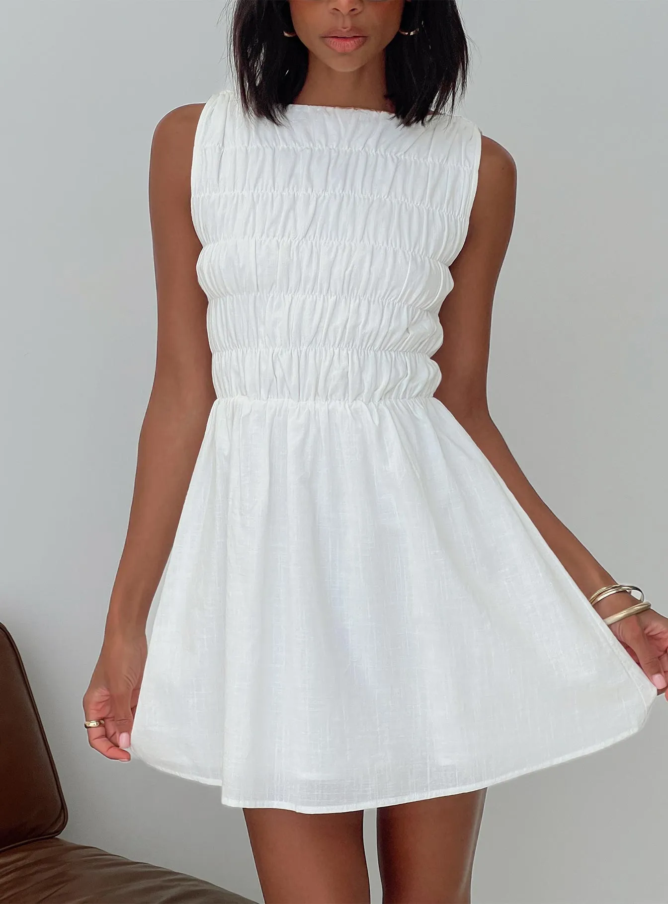 Melona Shirred Mini Dress White sold by Princess Polly