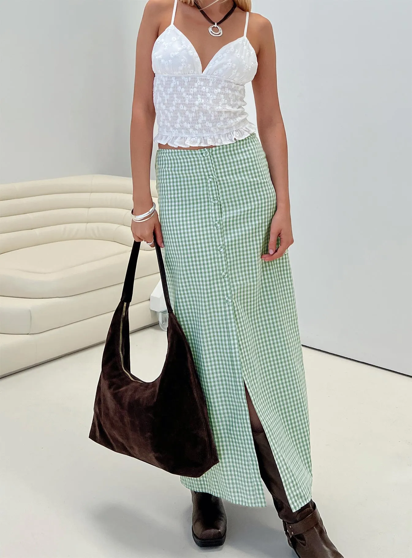 Macadamia Maxi Skirt Green / White sold by Princess Polly