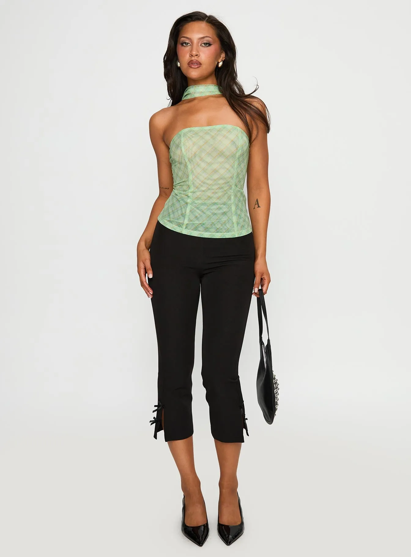 No Comparison Neck Tie Strapless Top Green Check sold by Princess Polly product image thumbnail 3