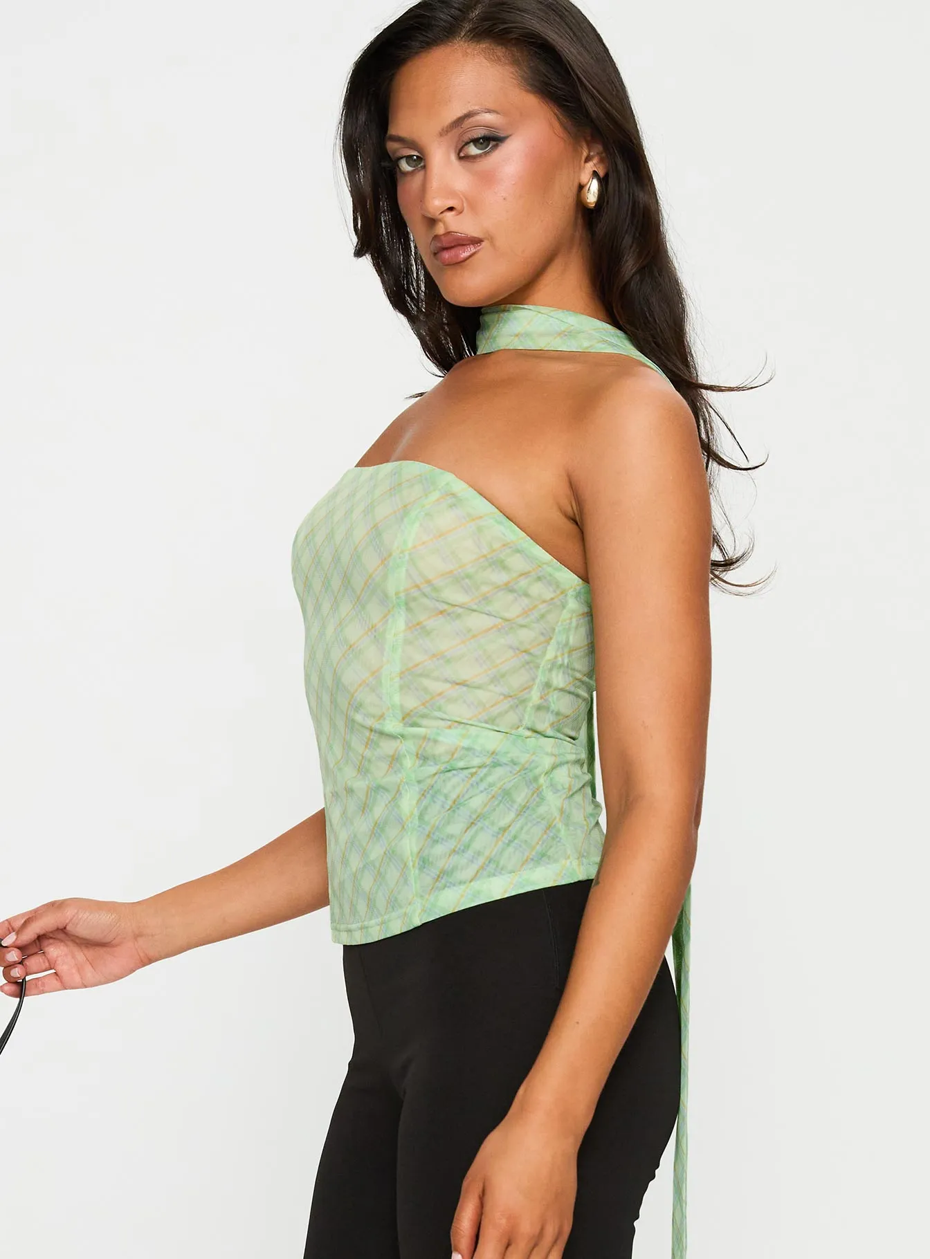 No Comparison Neck Tie Strapless Top Green Check sold by Princess Polly product image thumbnail 4