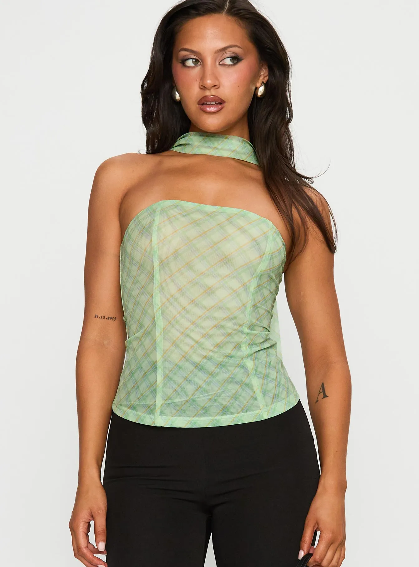 No Comparison Neck Tie Strapless Top Green Check sold by Princess Polly product image thumbnail 2