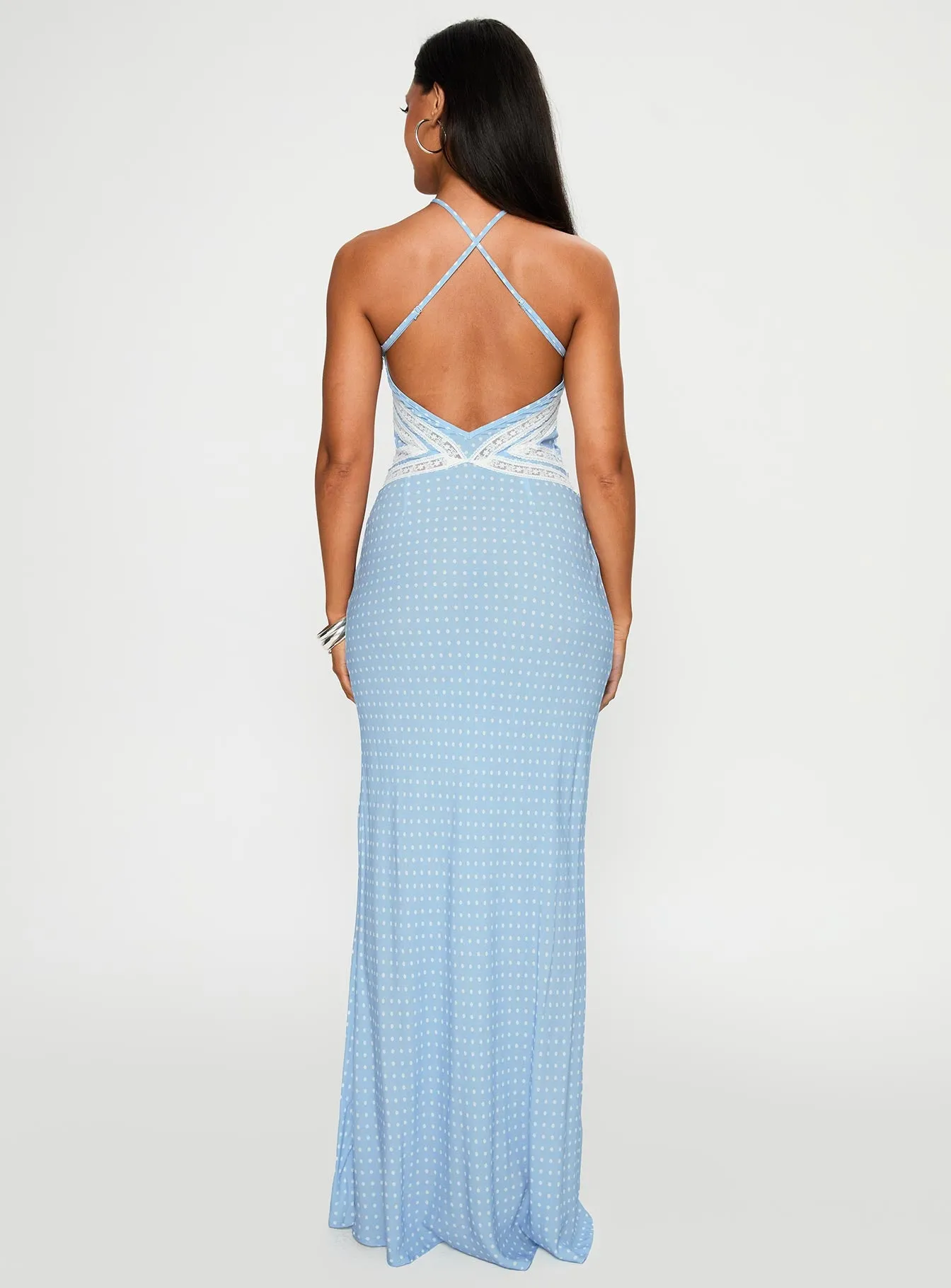 Wild Joy Halter Maxi Dress Blue Polka sold by Princess Polly product image thumbnail 4