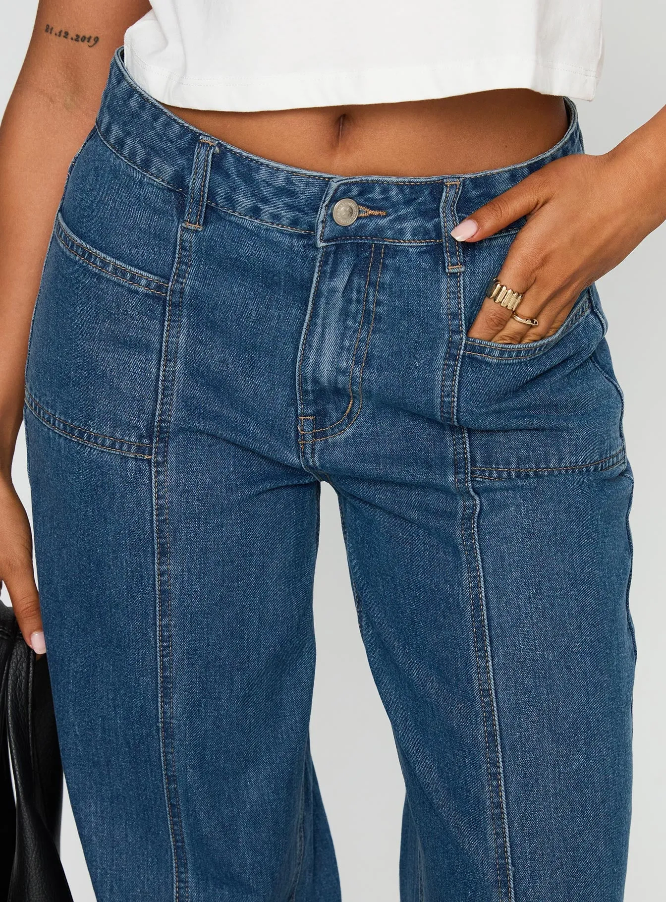 Taji Mid Rise Wide Leg Jeans Dark Blue sold by Princess Polly product image thumbnail 5