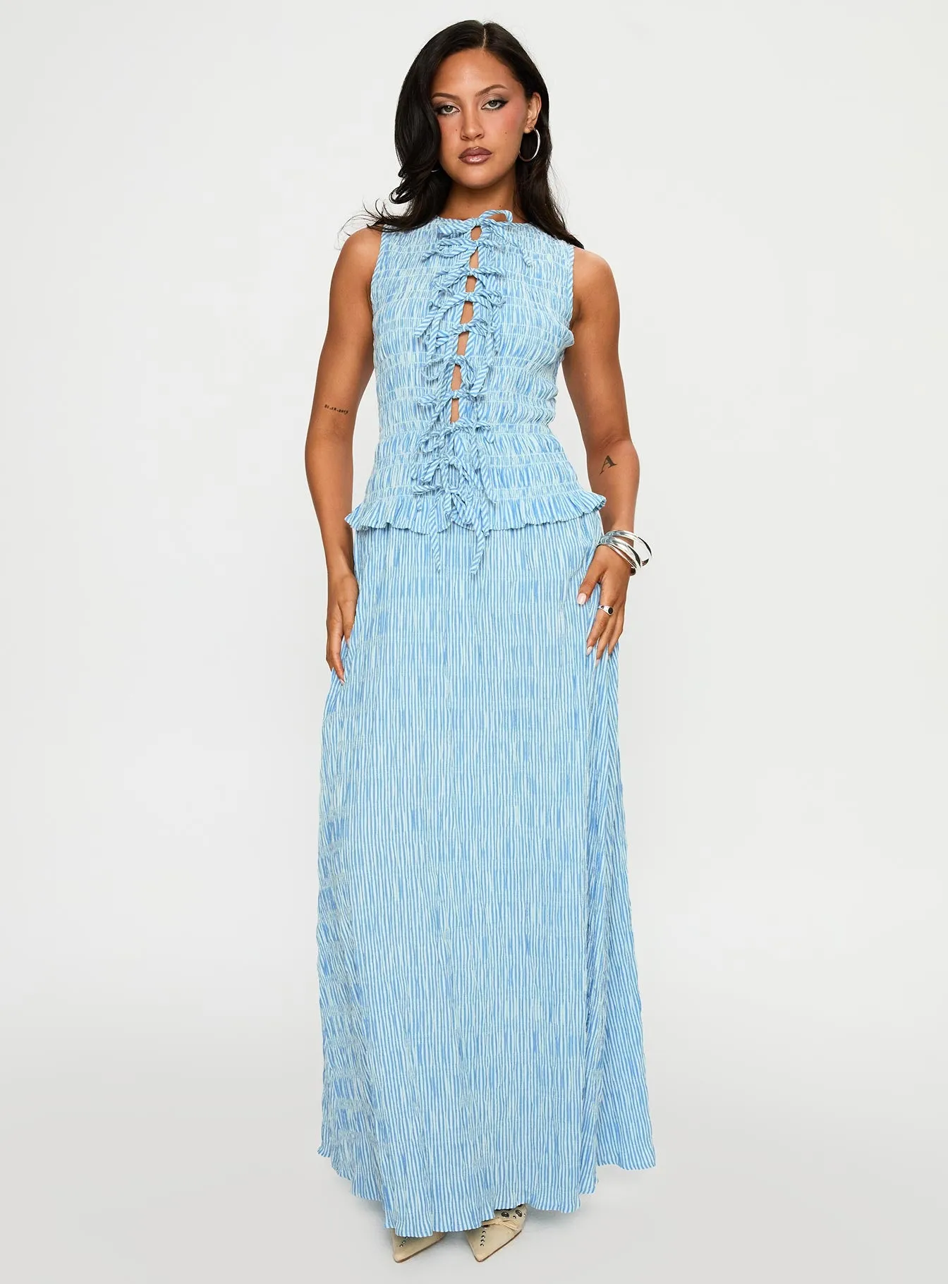 Songbird Shirred Maxi Dress Blue sold by Princess Polly