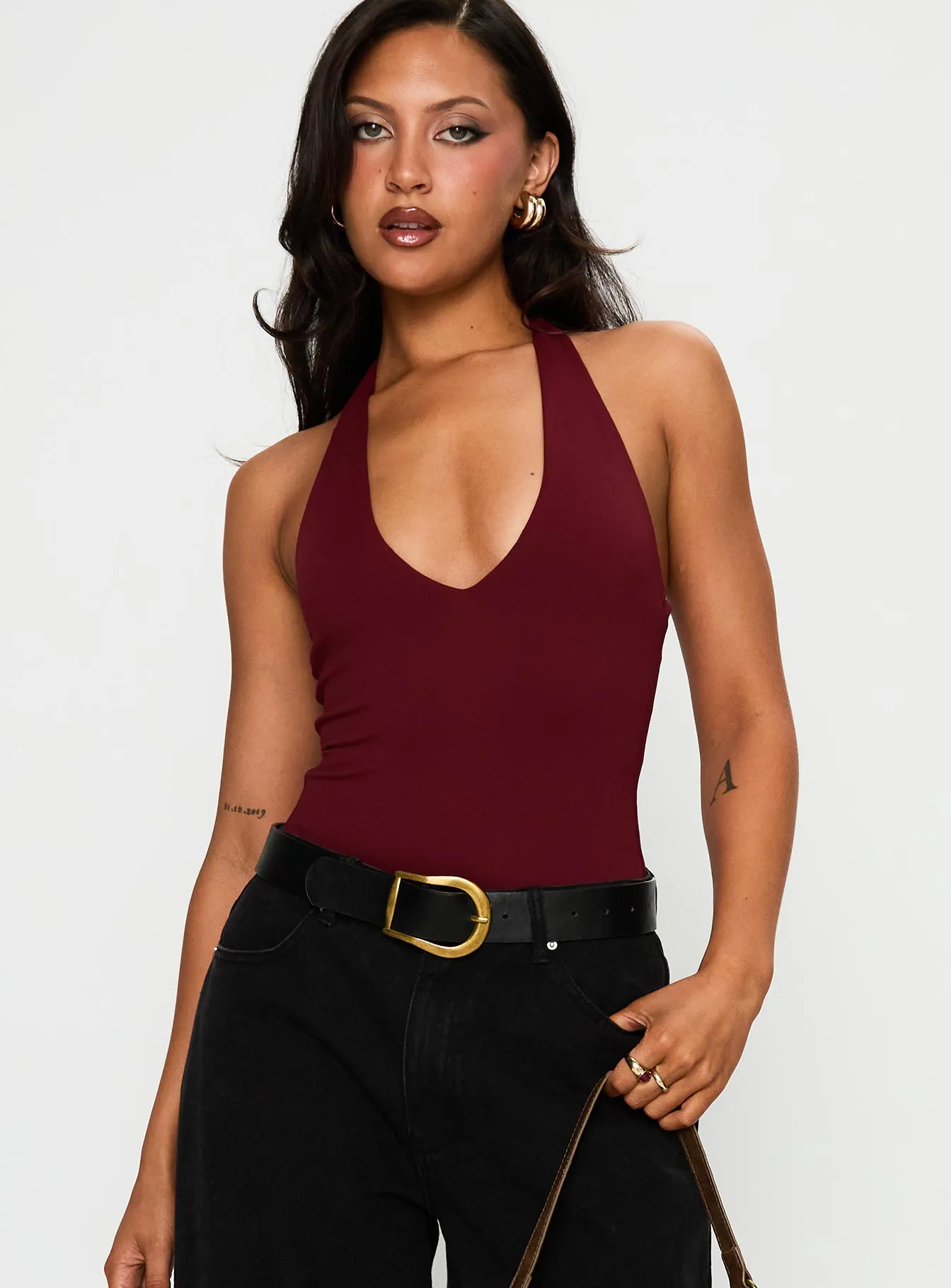 Someone New Halter Bodysuit Burgundy sold by Princess Polly
