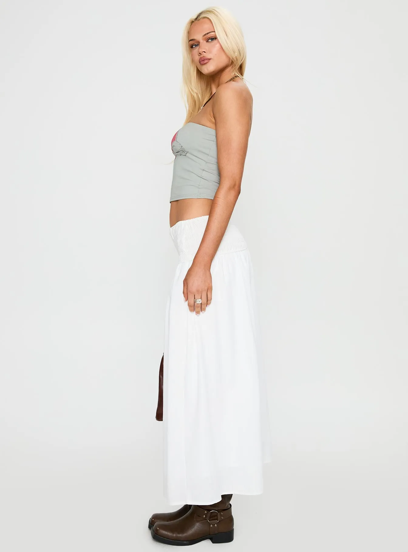 Small Towns Shirred Midi Skirt White sold by Princess Polly product image thumbnail 4