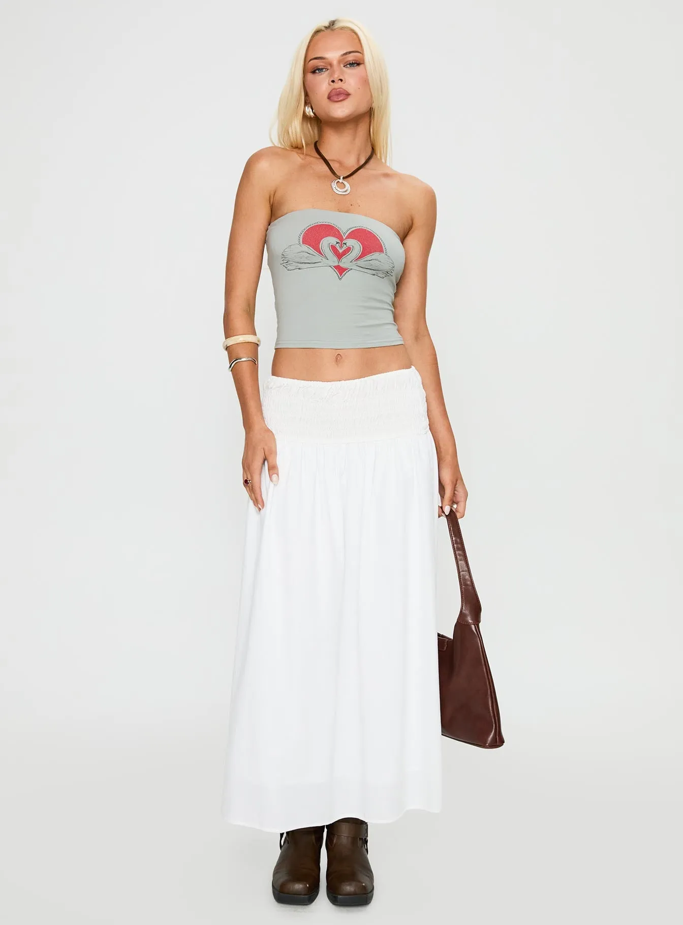 Small Towns Shirred Midi Skirt White sold by Princess Polly product image thumbnail 3