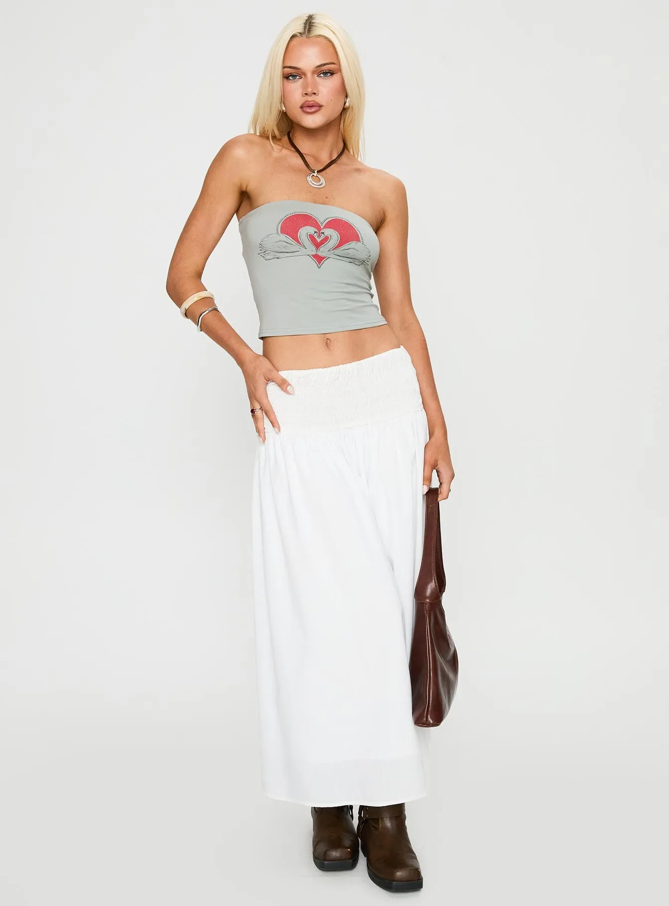 Small Towns Shirred Midi Skirt White sold by Princess Polly product image thumbnail 2
