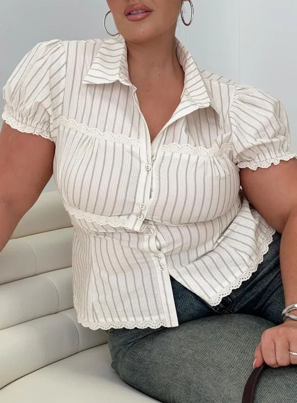 Deserve You Puff Sleeve Button Front Top Cream Stripe Curve sold by Princess Polly