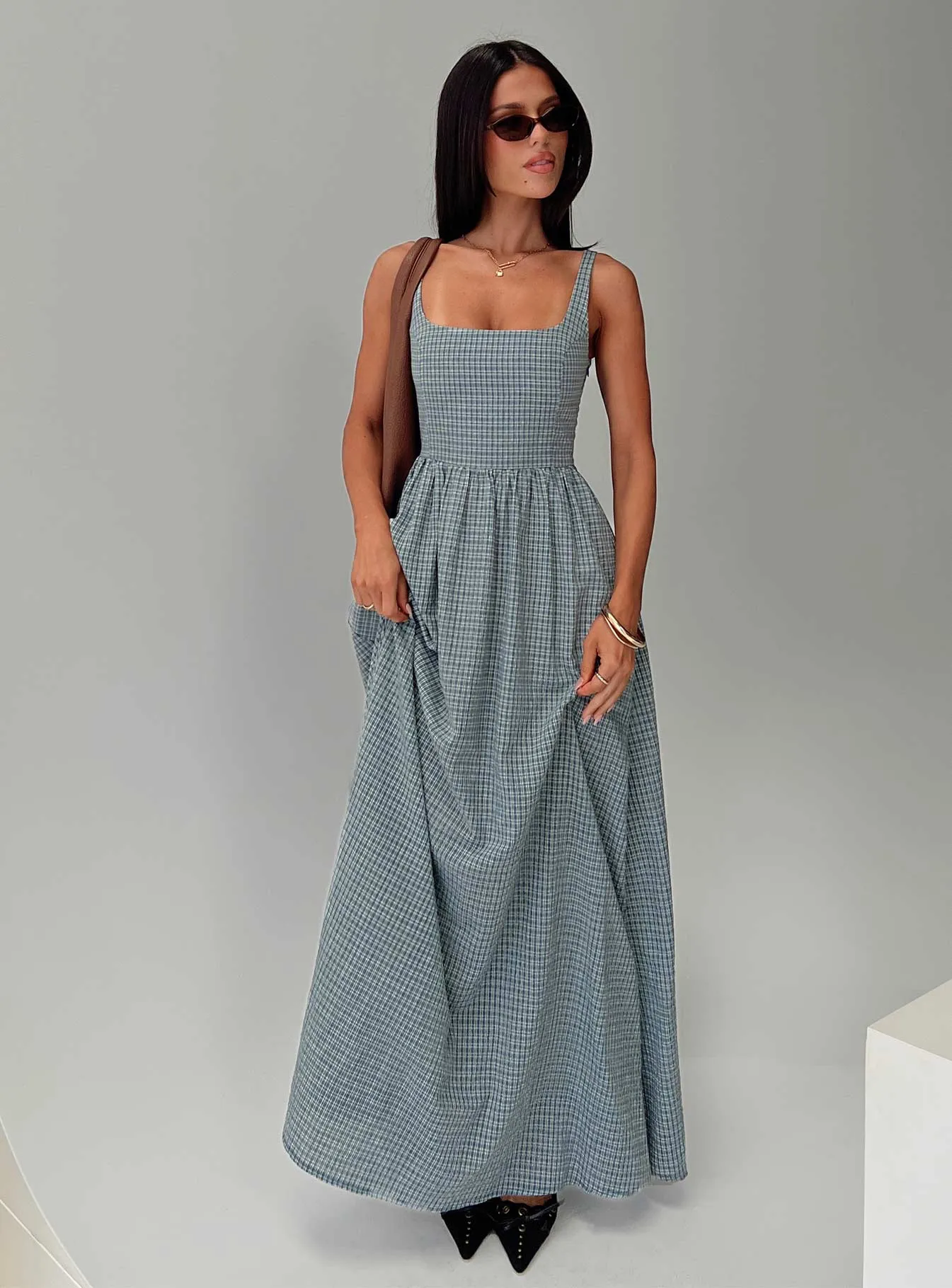 Cartmel Check Maxi Dress Navy sold by Princess Polly