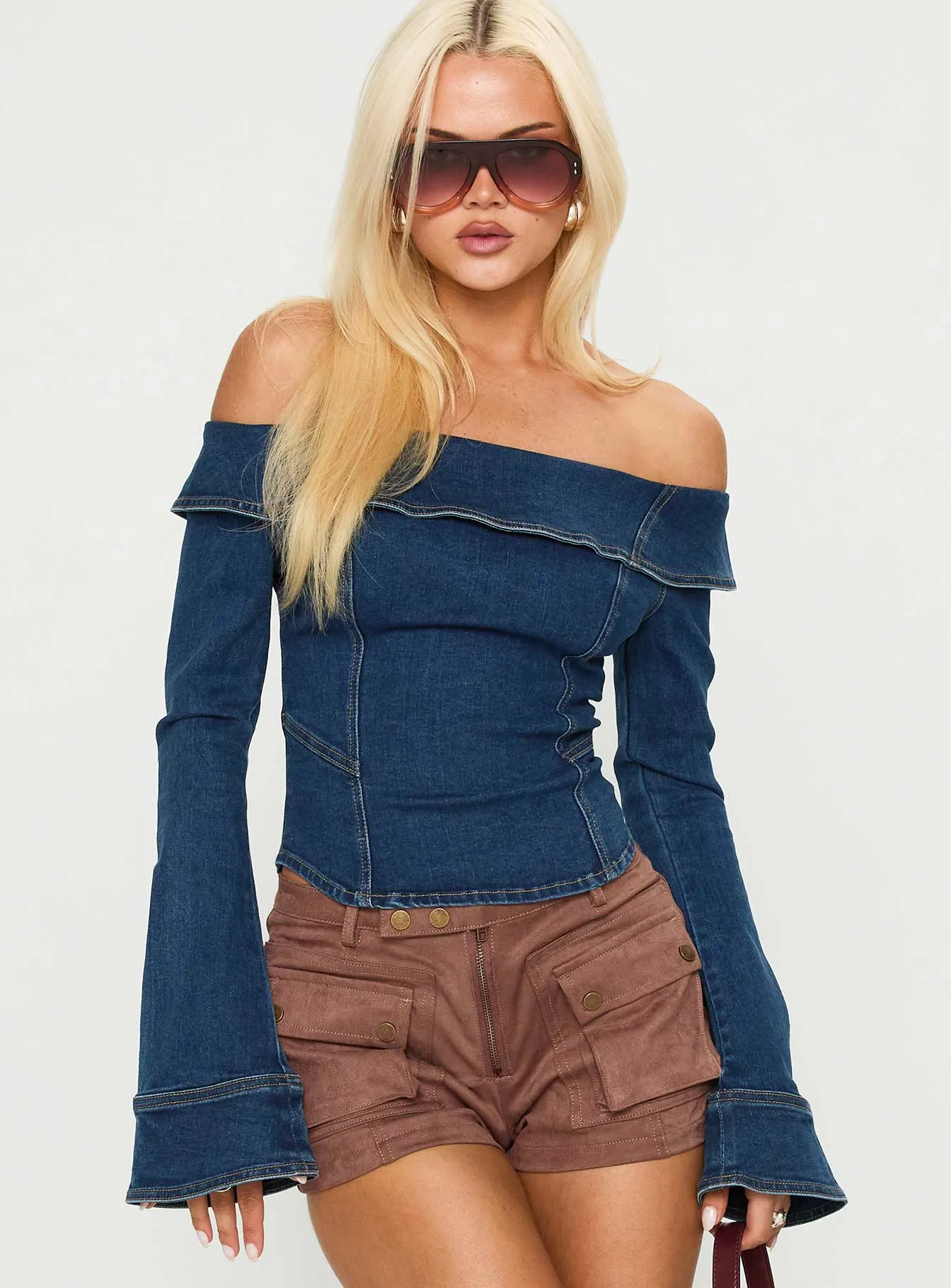In The Crowd Off Shoulder Top Dark Denim sold by Princess Polly product image thumbnail 2