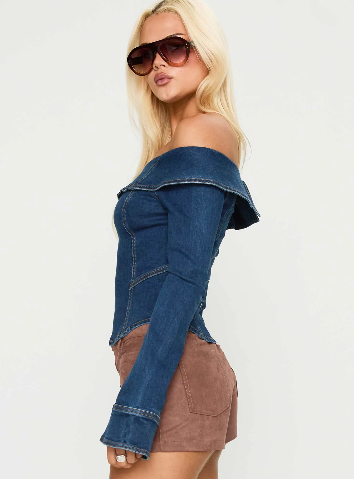 In The Crowd Off Shoulder Top Dark Denim sold by Princess Polly product image thumbnail 4