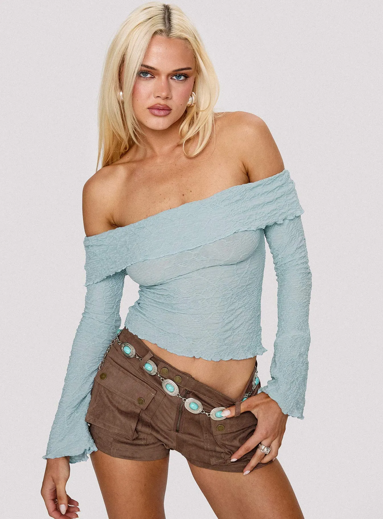 Back With Love Off Shoulder Long Sleeve Top Blue sold by Princess Polly