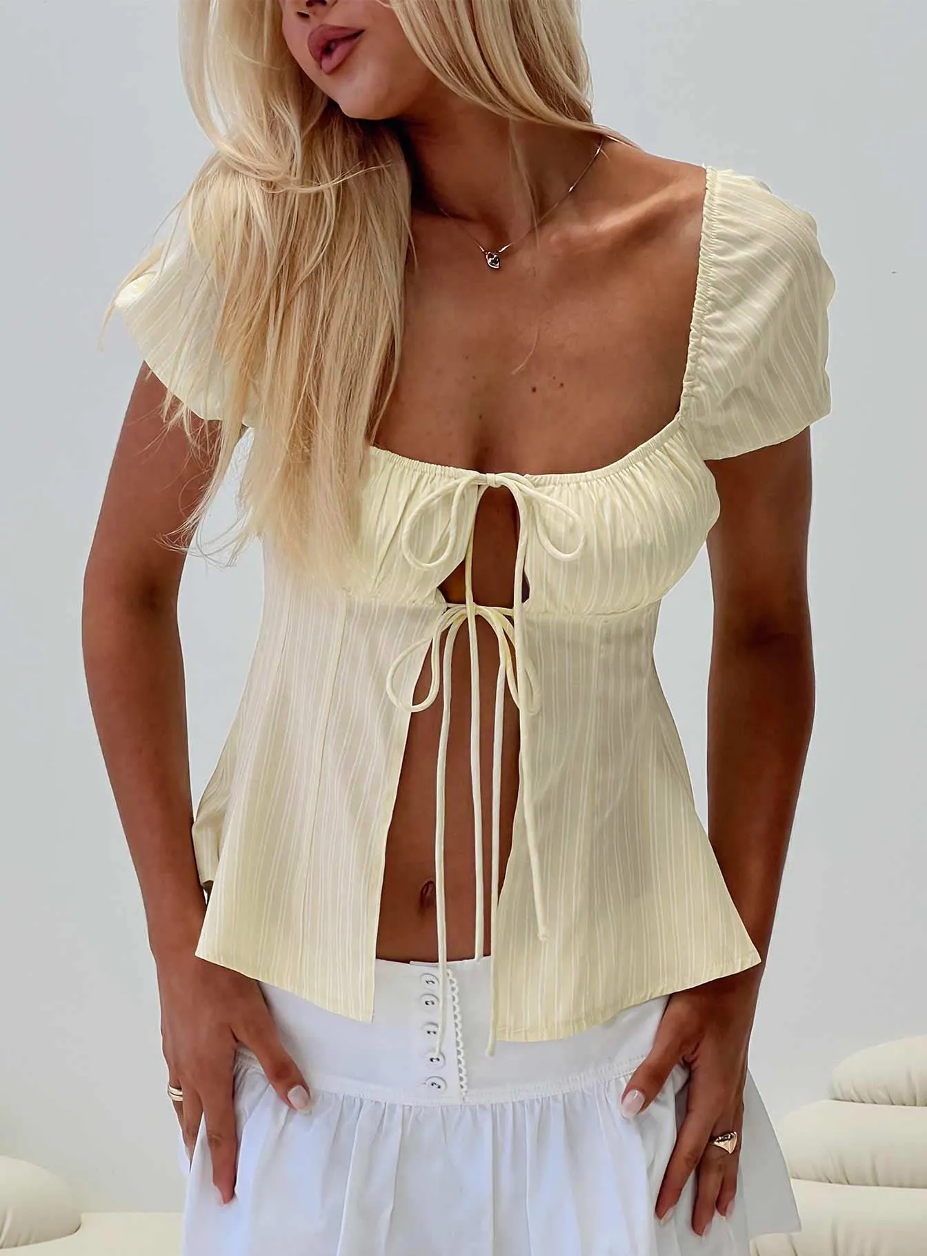 How To Fly Tie Detail Top Yellow sold by Princess Polly