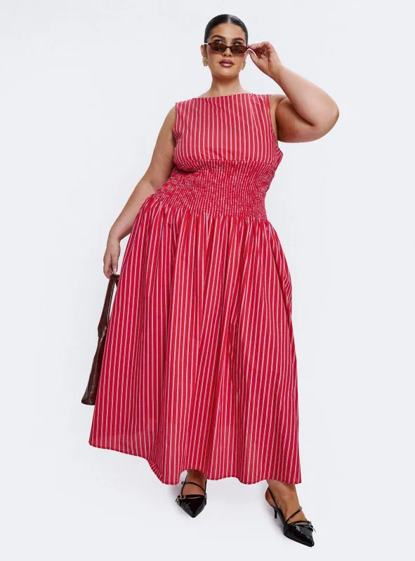 Lilienne Cotton Poplin Maxi Dress Red Stripe Curve sold by Princess Polly