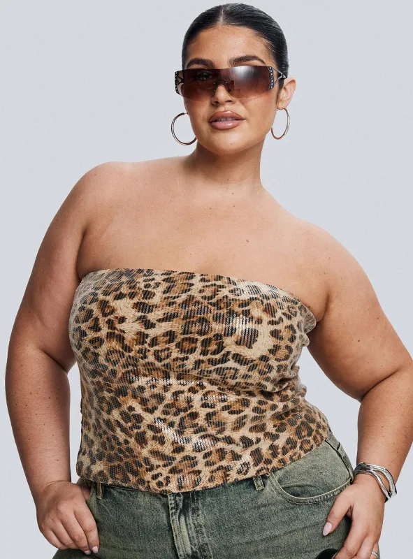 Learn To Fly Strapless Sequin Top Leopard Curve sold by Princess Polly