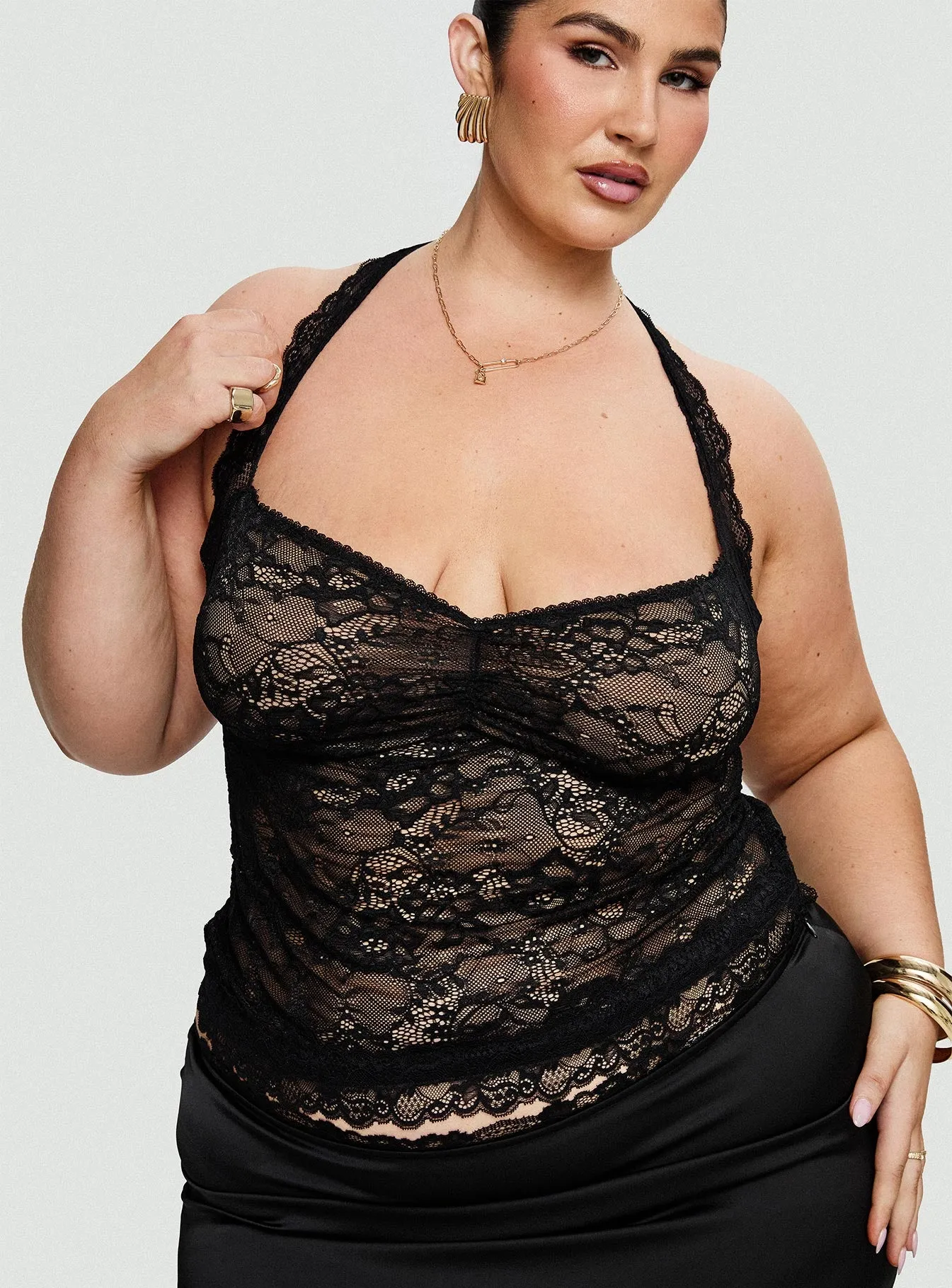 Fantasize Lace Halter Top Black Curve sold by Princess Polly