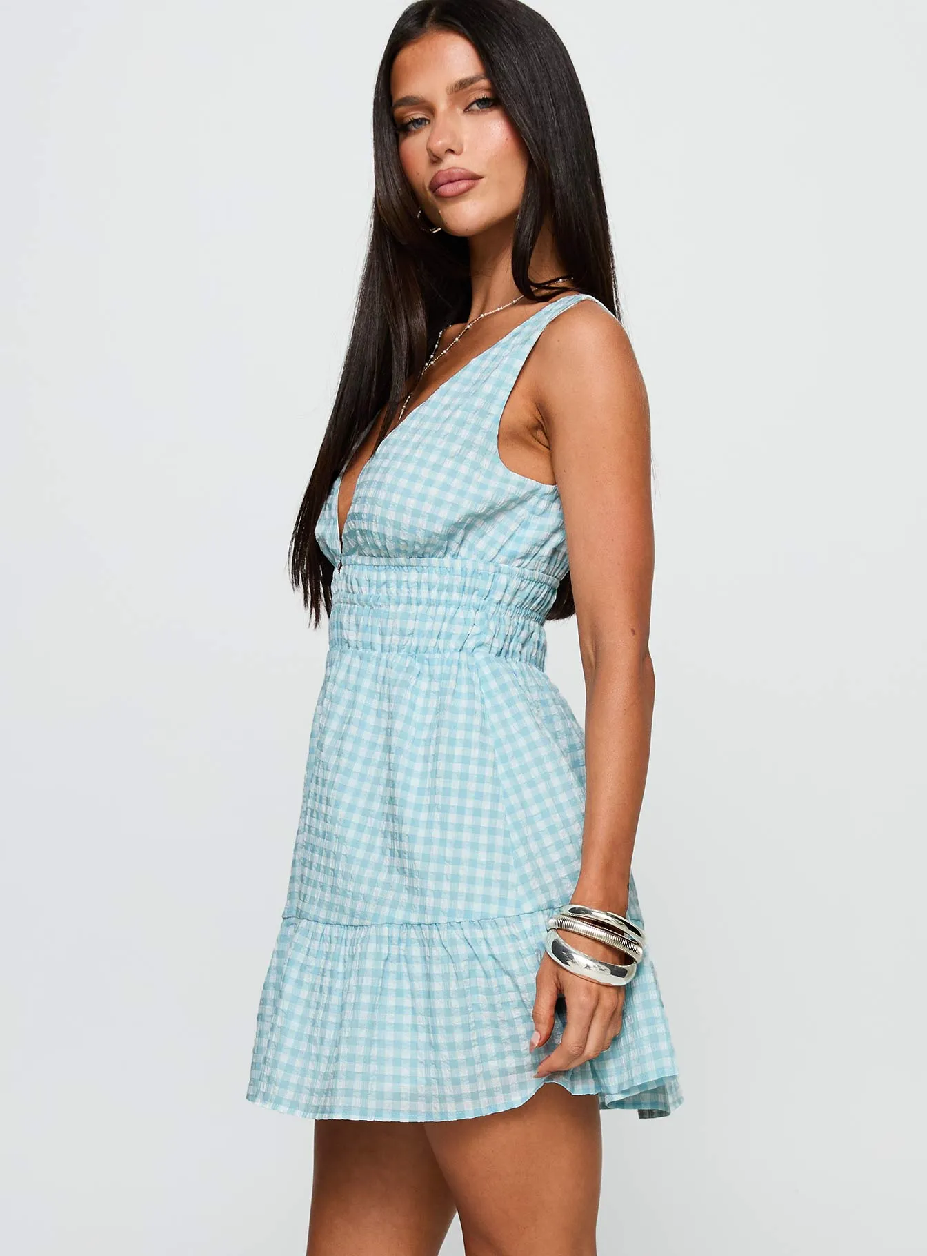 Ismena Plunge Mini Dress Blue Check sold by Princess Polly product image thumbnail 3