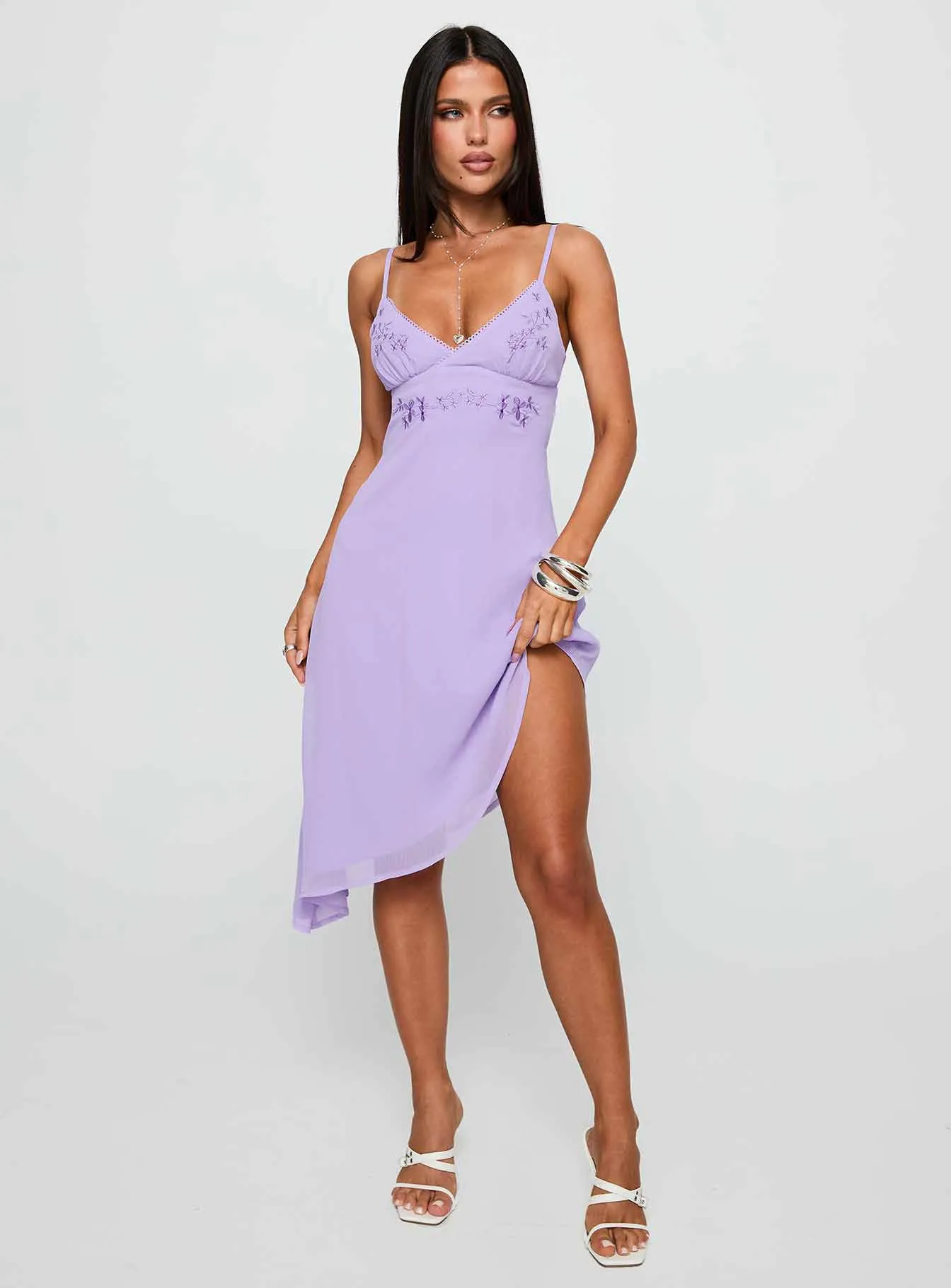 Secret Gardens Asymmetrical Midi Dress Purple sold by Princess Polly