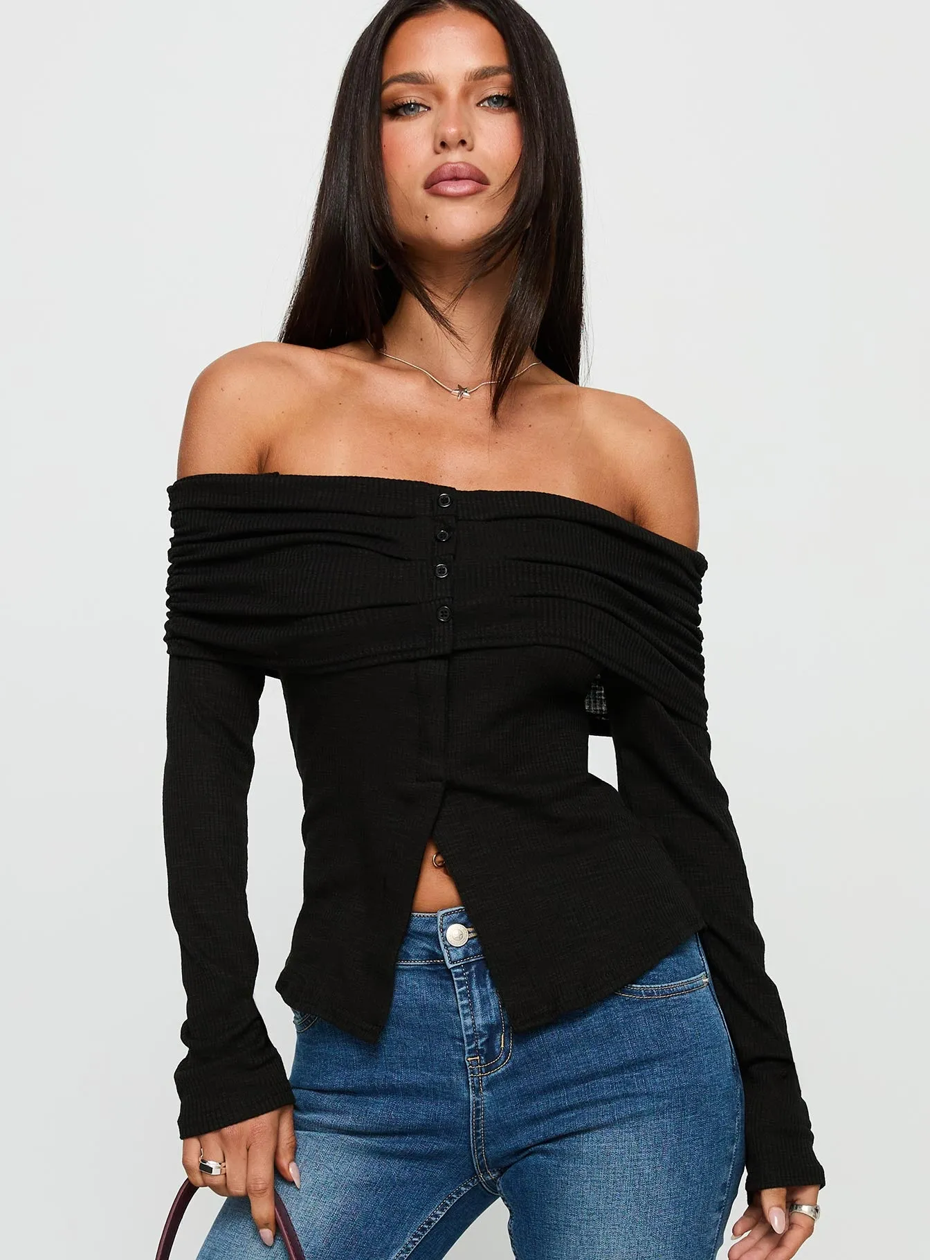 Victorea Off Shoulder Top Black sold by Princess Polly
