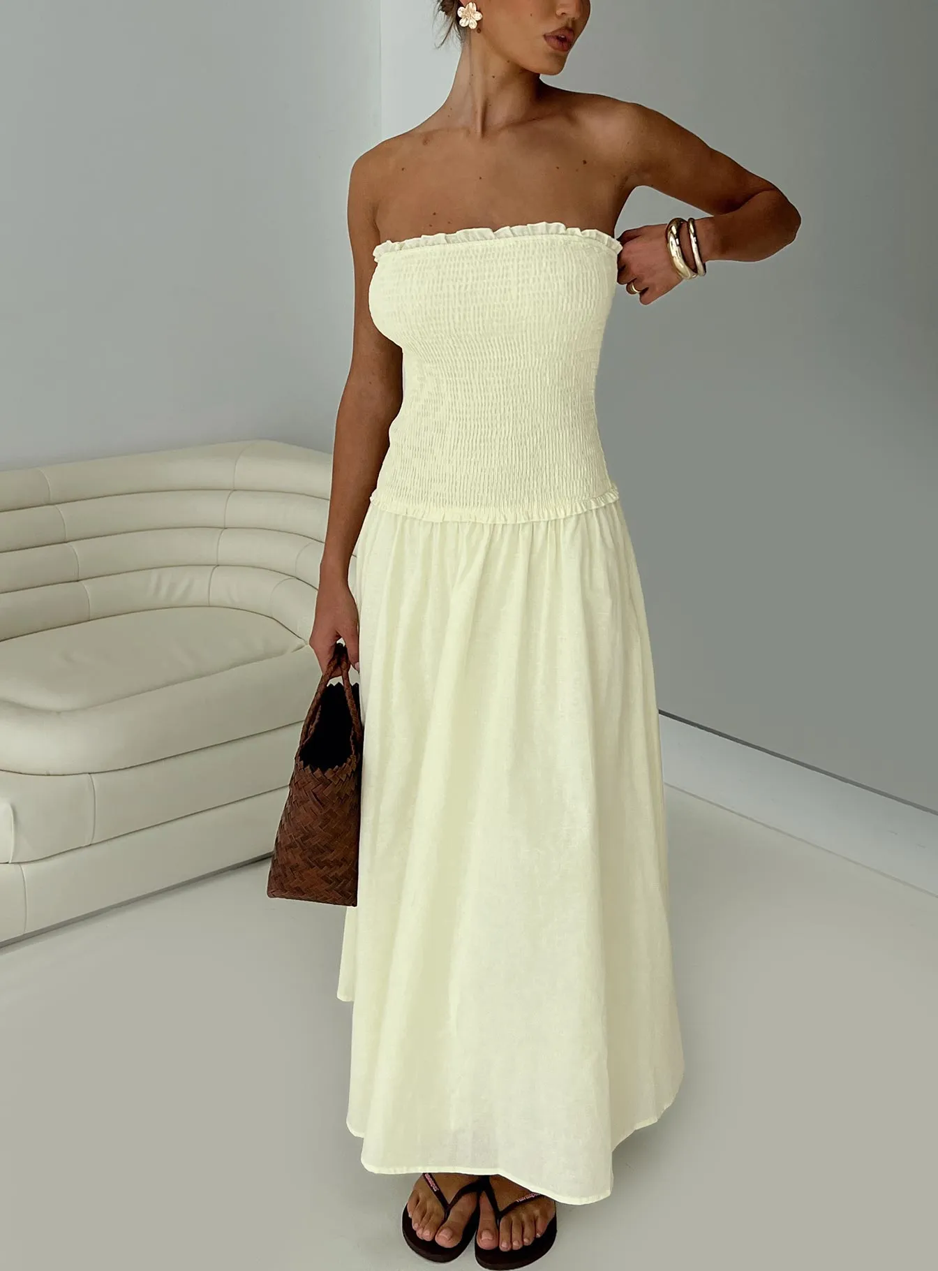 Tinsie Strapless Maxi Dress Yellow sold by Princess Polly