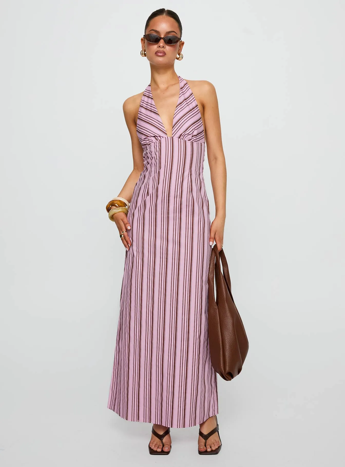 Avrie Halter Maxi Dress Pink / Brown Stripe sold by Princess Polly product image thumbnail 3