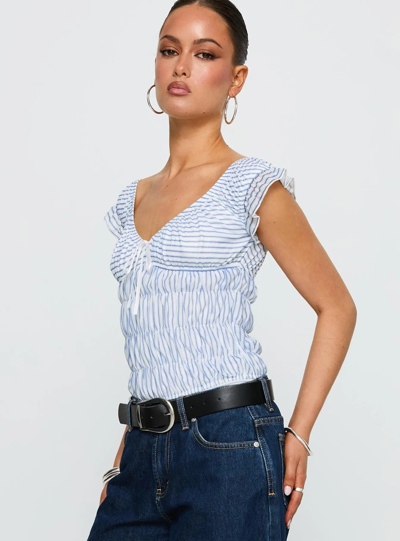 Ahead Of Myself Off Shoulder Bodysuit Blue Stripe sold by Princess Polly product image thumbnail 4