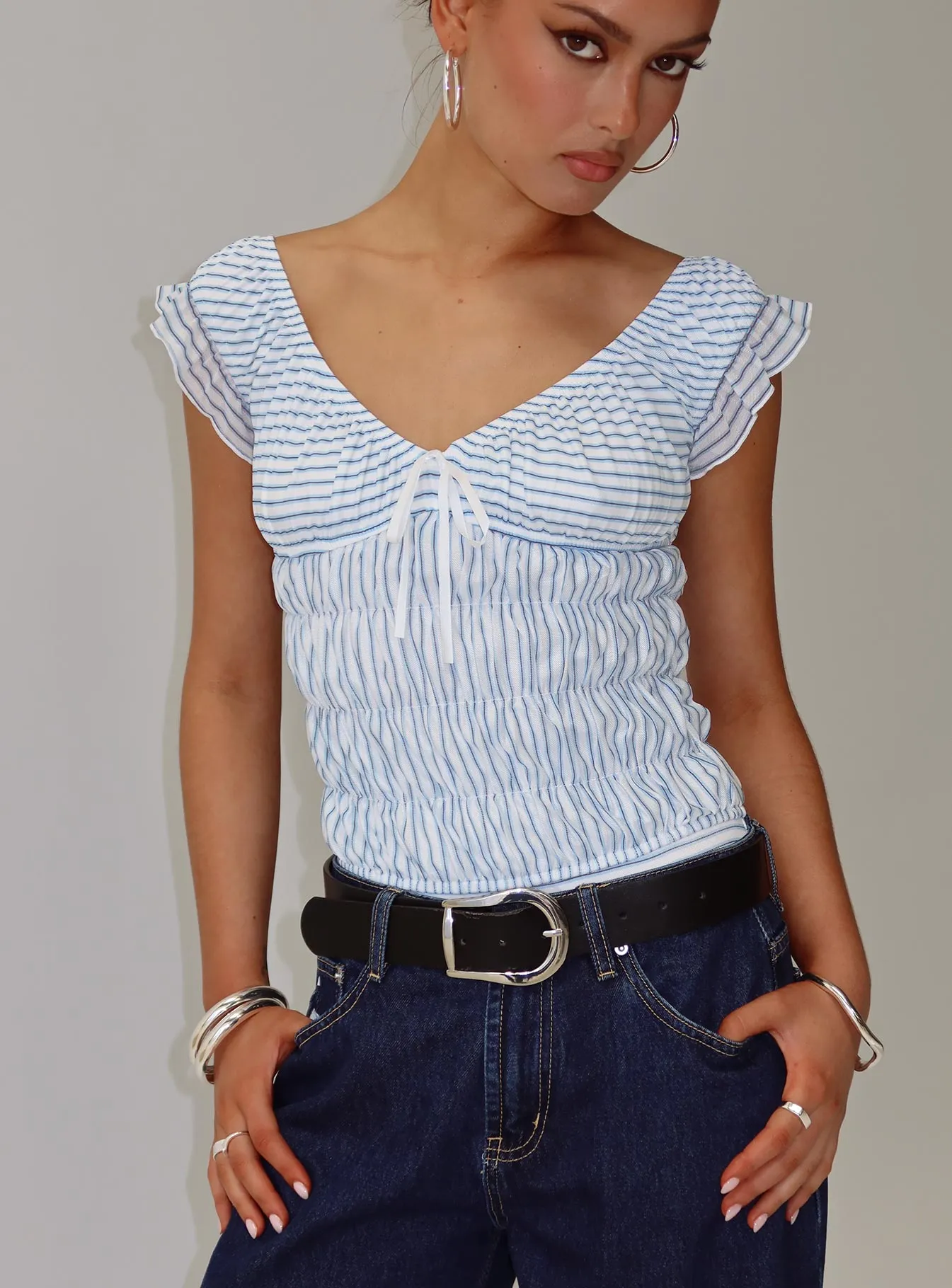 Ahead Of Myself Off Shoulder Bodysuit Blue Stripe sold by Princess Polly