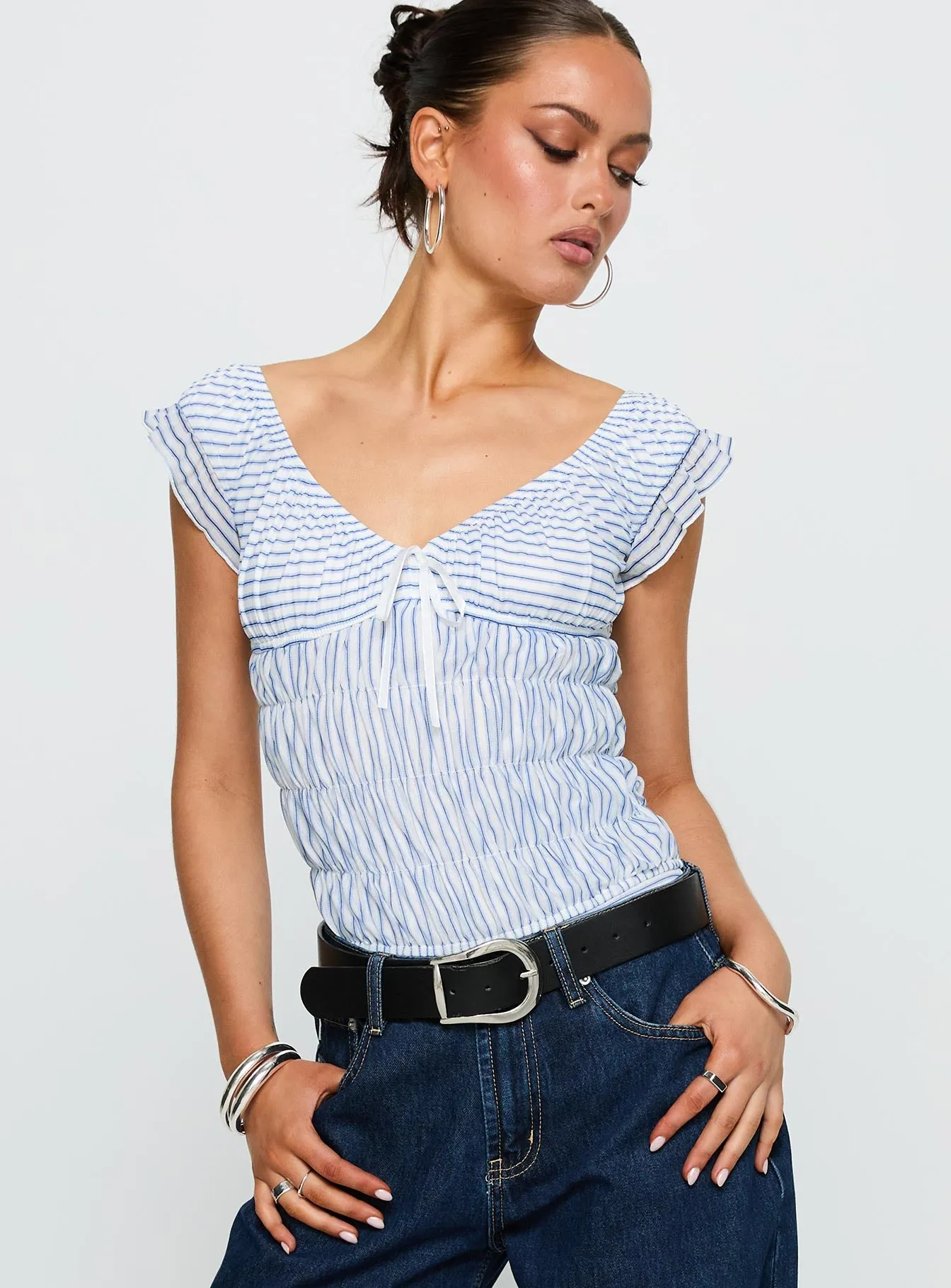 Ahead Of Myself Off Shoulder Bodysuit Blue Stripe sold by Princess Polly product image thumbnail 2