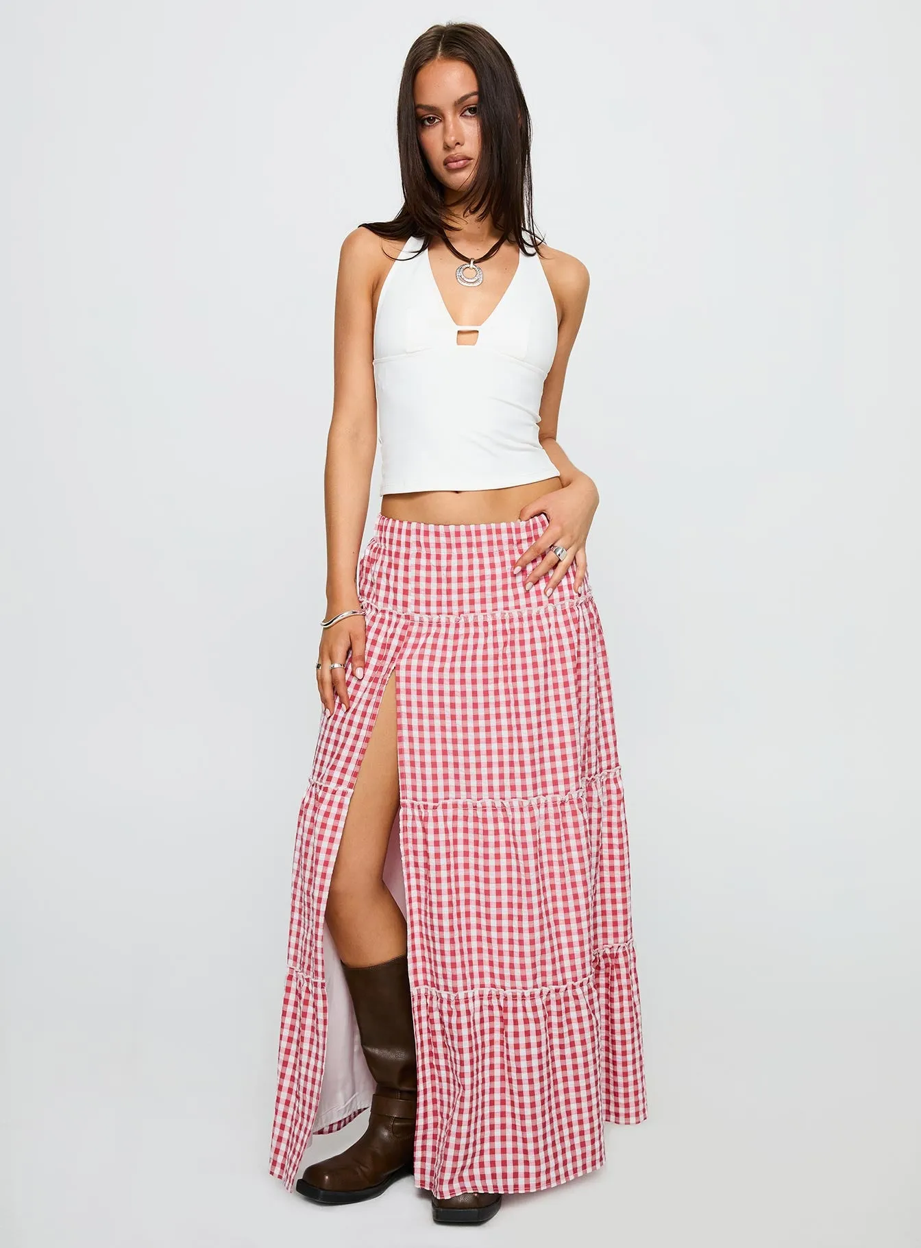 Ilaina Tiered Maxi Skirt Red Check sold by Princess Polly