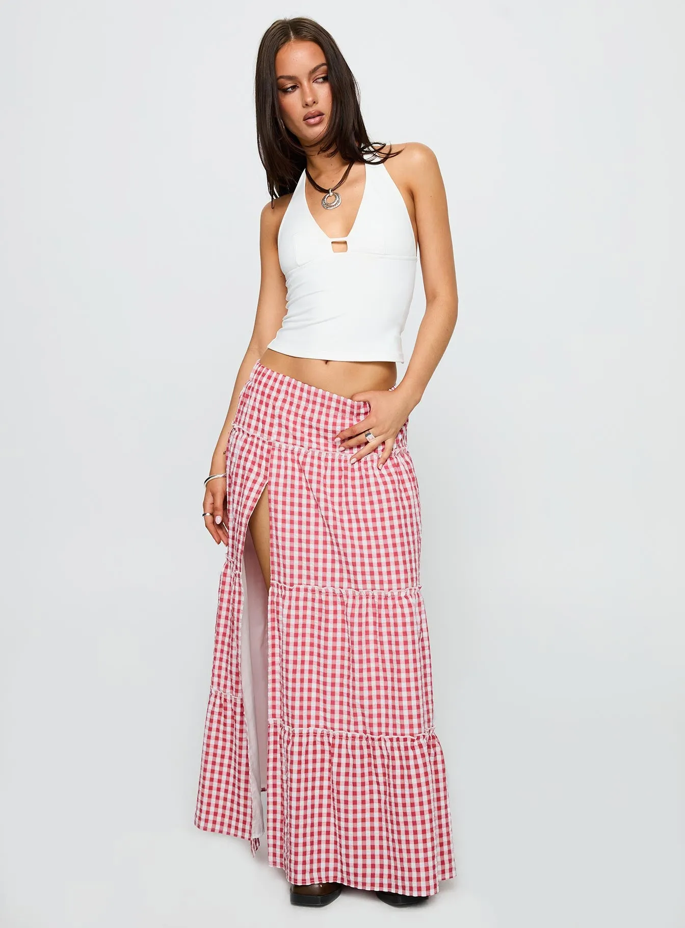 Ilaina Tiered Maxi Skirt Red Check sold by Princess Polly product image thumbnail 2