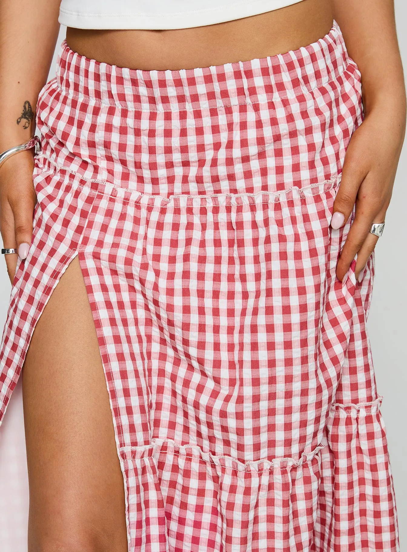 Ilaina Tiered Maxi Skirt Red Check sold by Princess Polly product image thumbnail 5