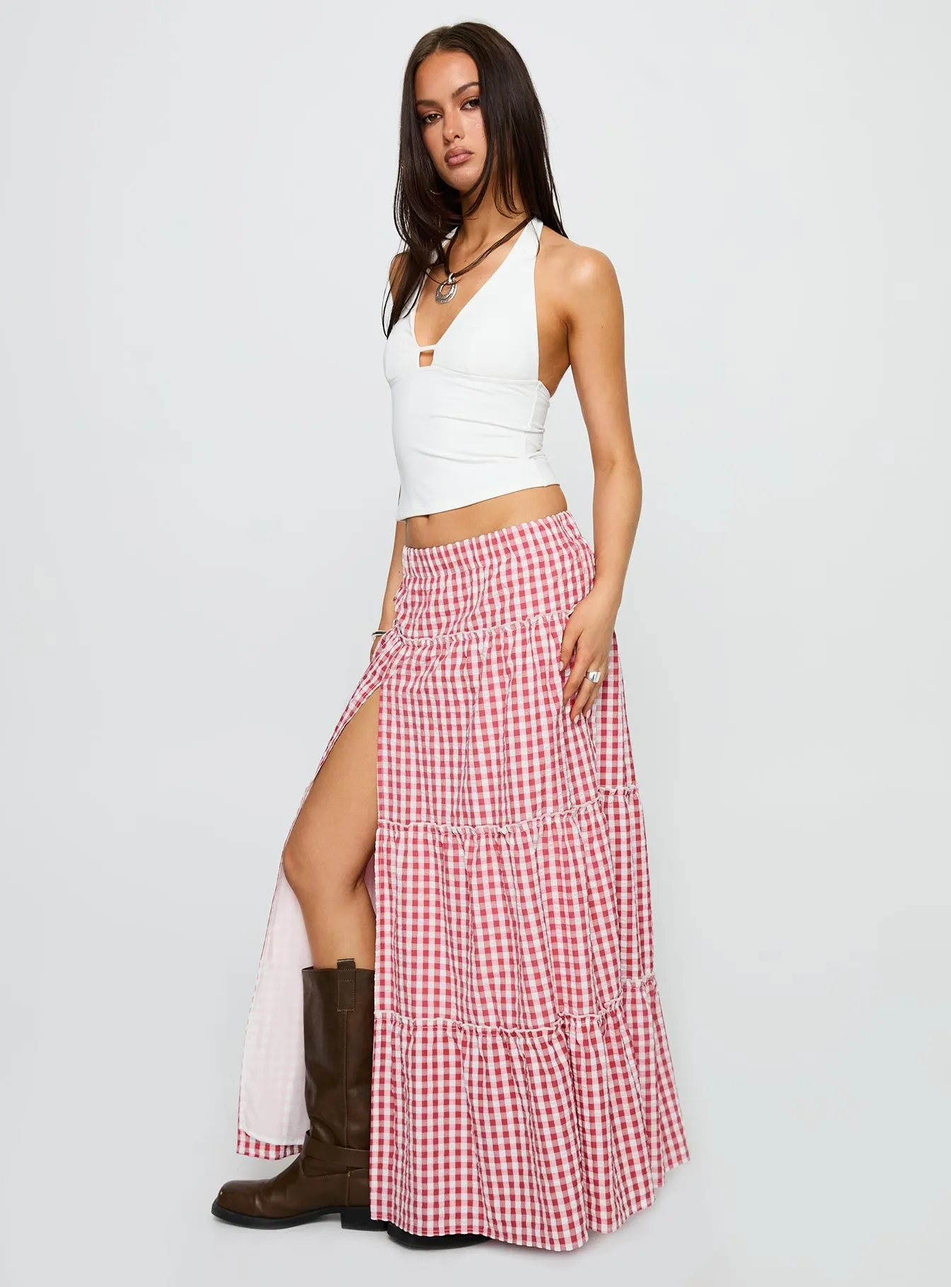 Ilaina Tiered Maxi Skirt Red Check sold by Princess Polly product image thumbnail 3