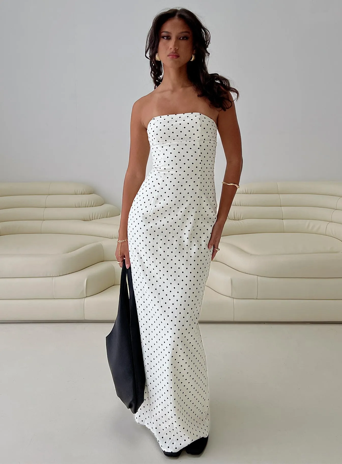 Dovie Linen Blend Strapless Midi Dress Cream Polka sold by Princess Polly