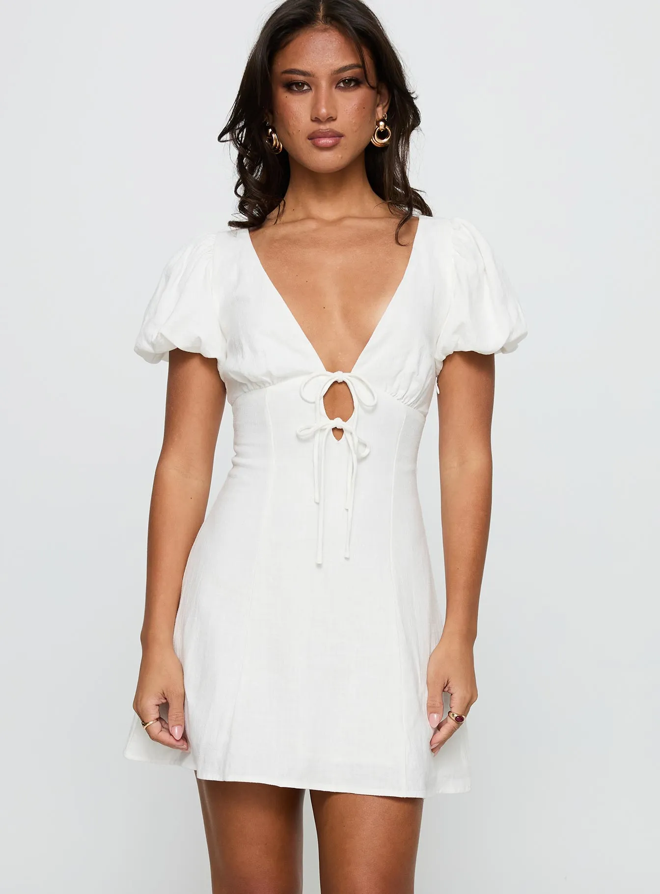 Beloved Puff Sleeve Linen Blend Mini Dress White sold by Princess Polly product image thumbnail 2