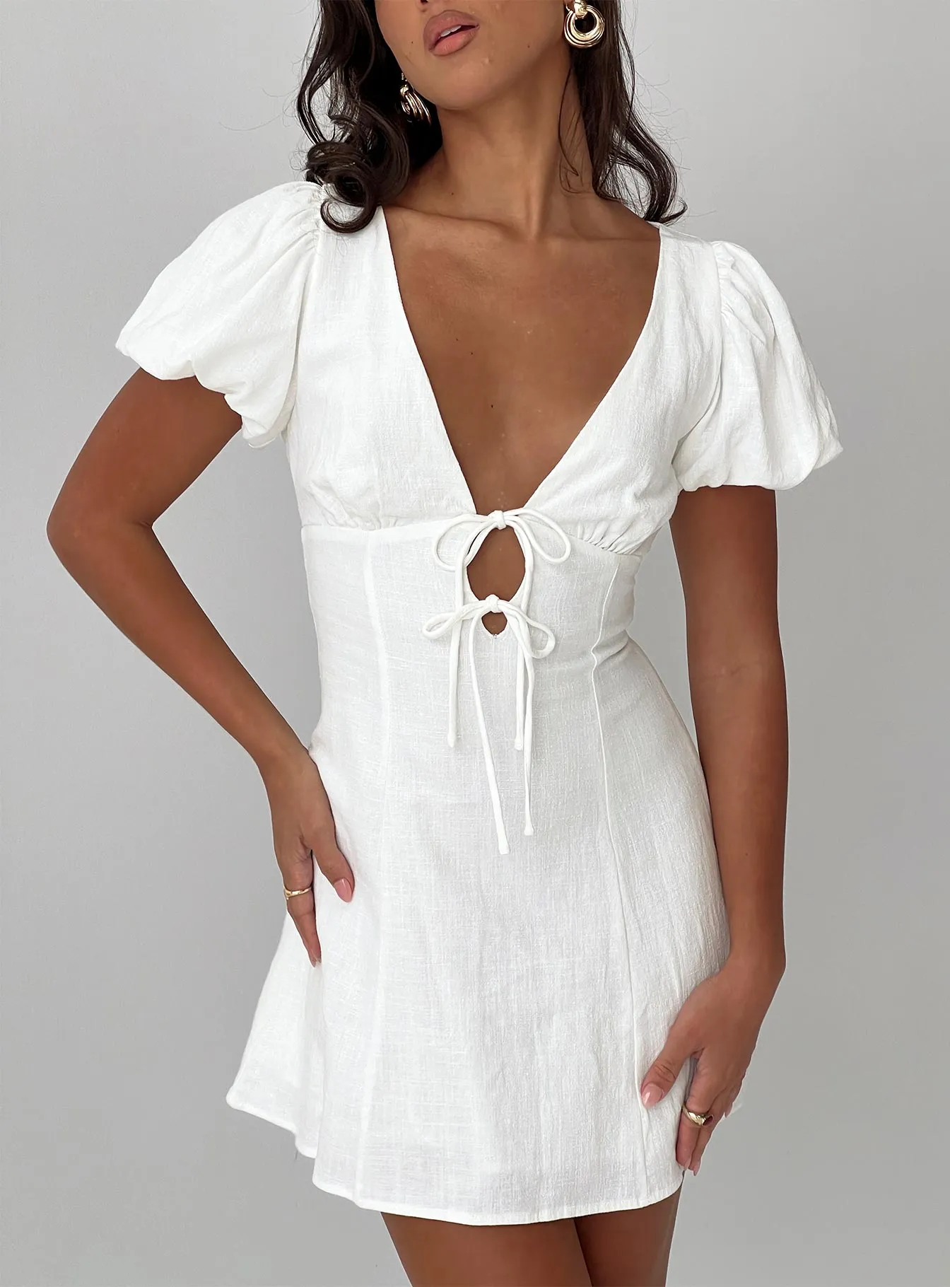 Beloved Puff Sleeve Linen Blend Mini Dress White sold by Princess Polly